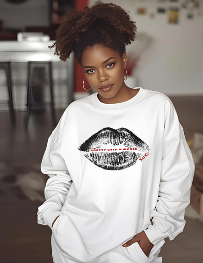 Kiss Print Sweatshirt — "Pretty With Purpose" Lip Graphic Pullover Printify