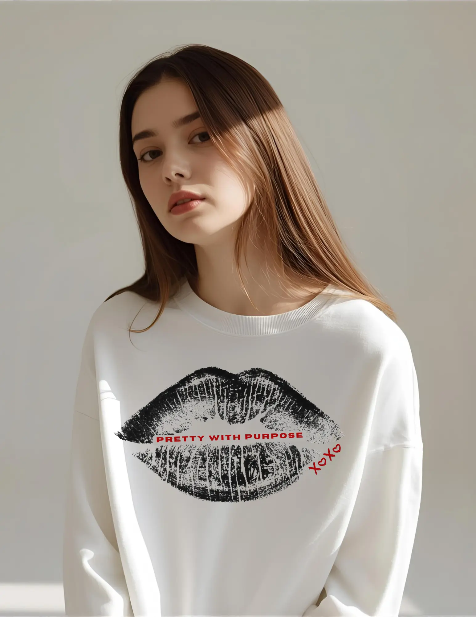 Kiss Print Sweatshirt — "Pretty With Purpose" Lip Graphic Pullover Printify