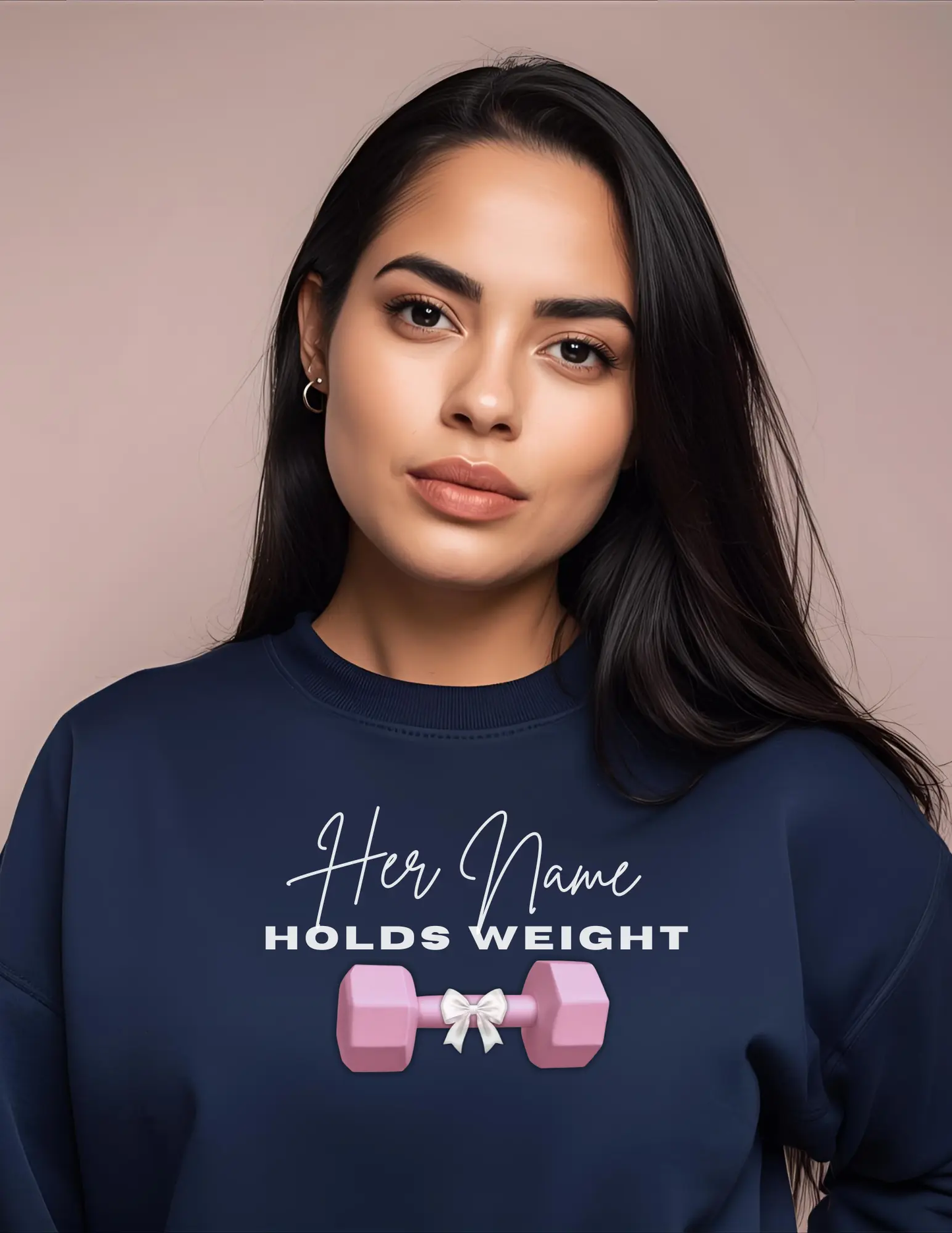 "Her Name Holds Weight" Pink Dumbbell Fitness Crewneck Sweatshirt Printify