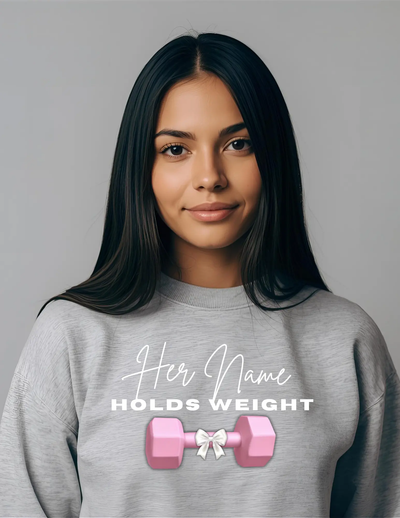 "Her Name Holds Weight" Pink Dumbbell Fitness Crewneck Sweatshirt Printify