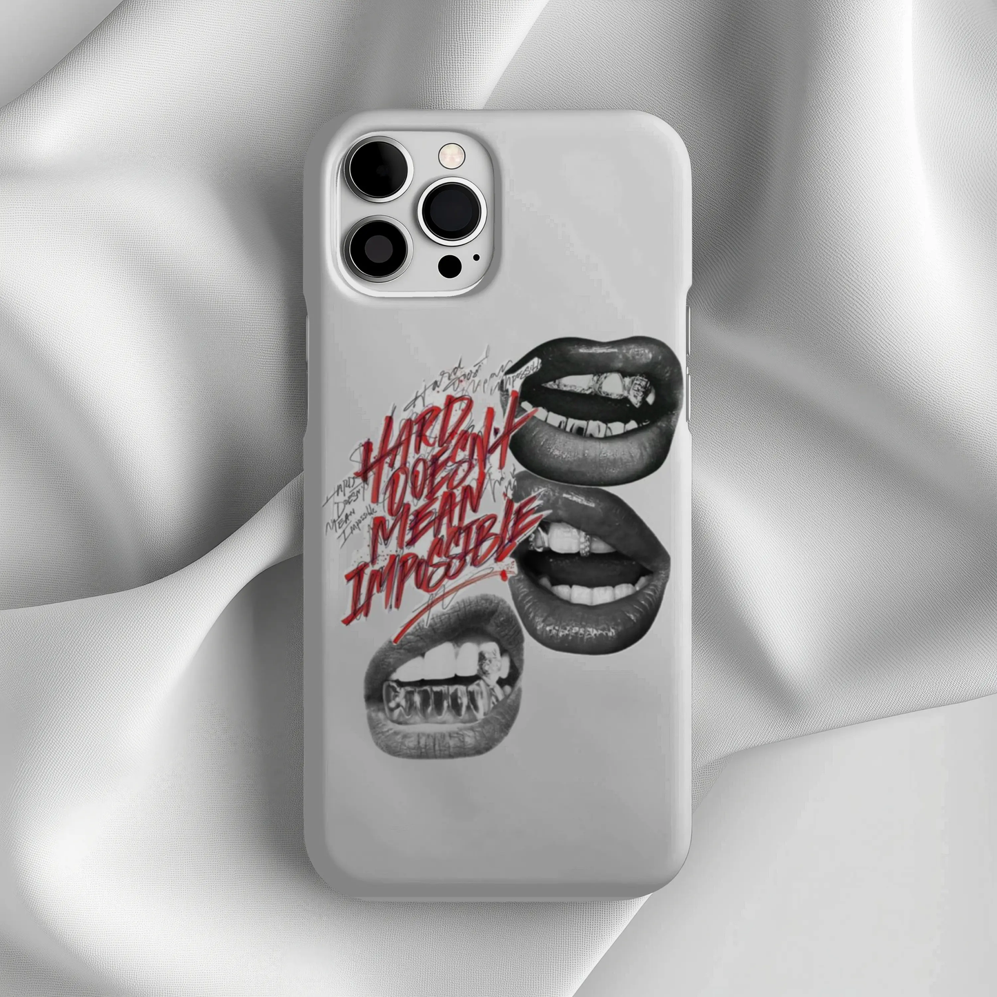 Slim iPhone17 Case — Bold Lip Art with “Happy Hour Means Impossible” Graphic Printify