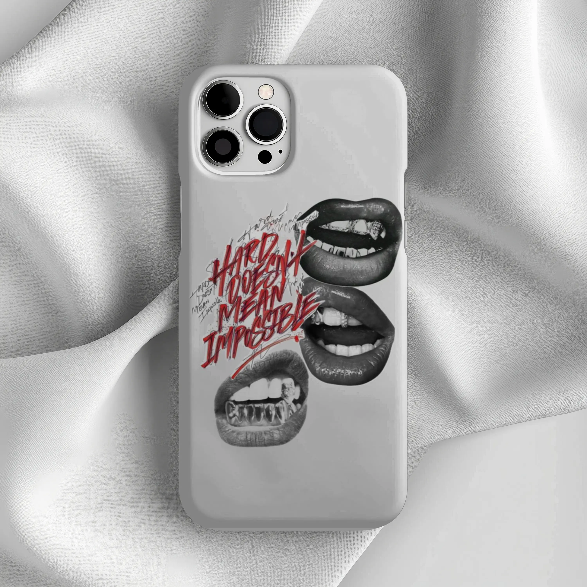 Slim iPhone17 Case — Bold Lip Art with “Happy Hour Means Impossible” Graphic Printify