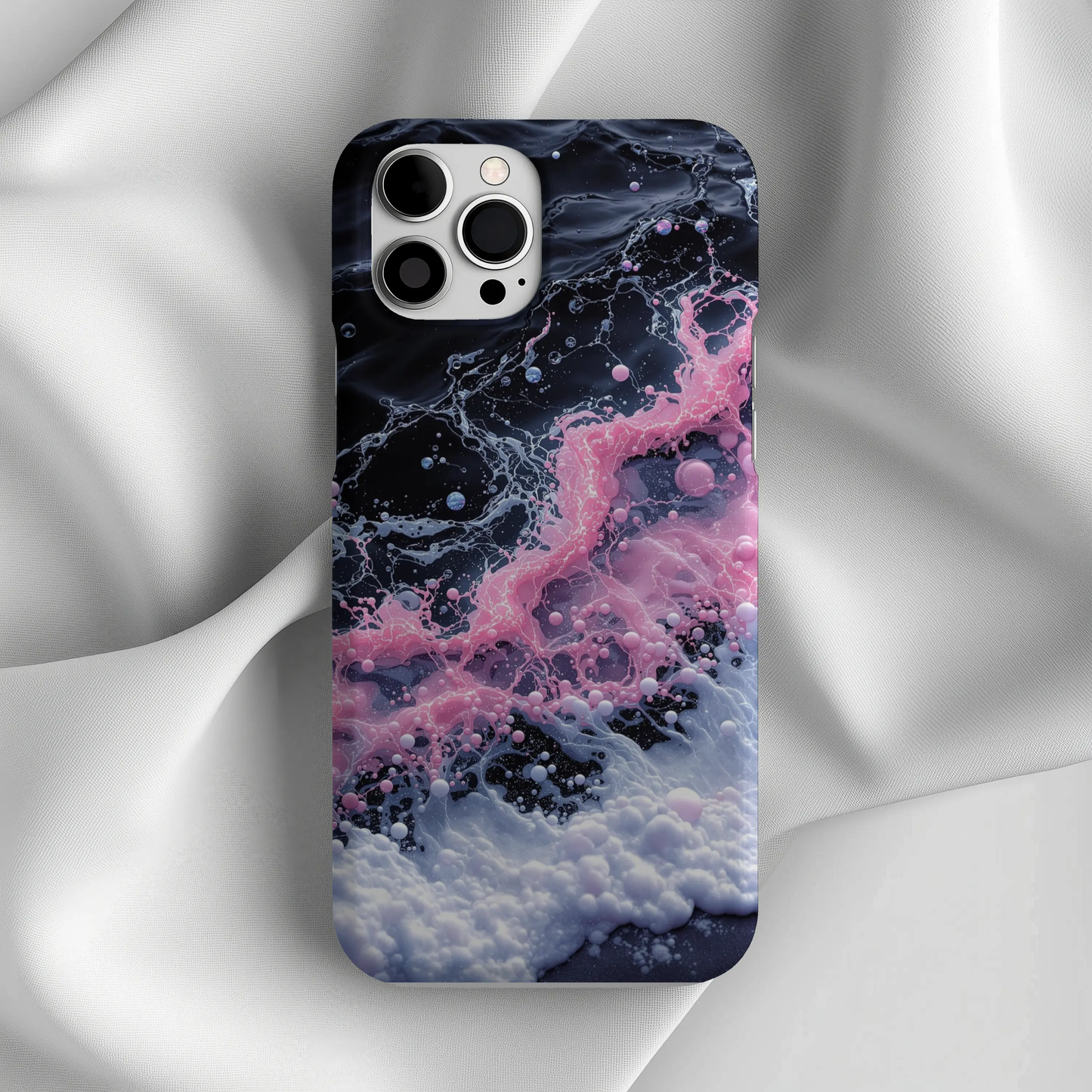 IPhone16 Case — Pink & Black Marble Splash Protective Tough Case Printify
