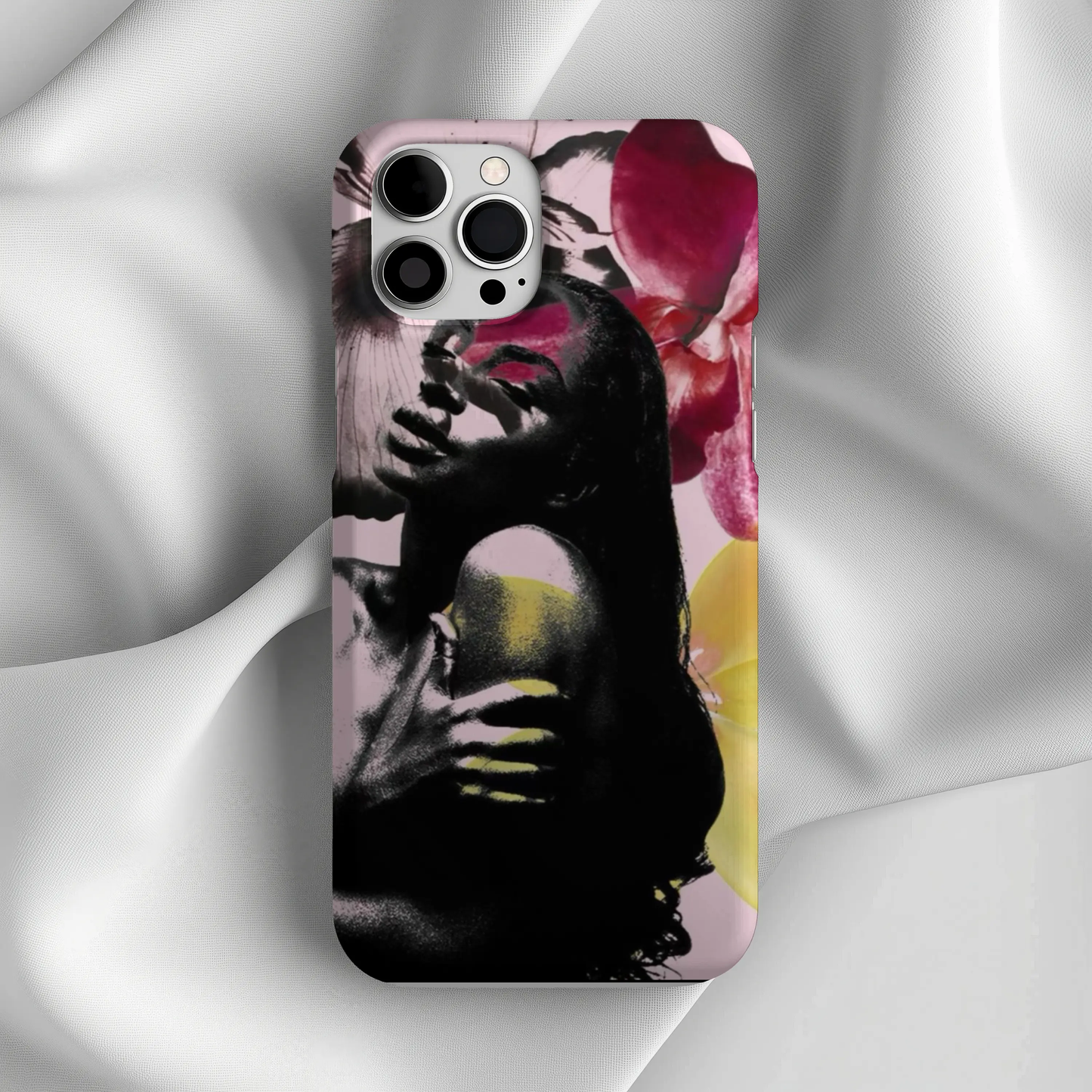 Floral Noir Slim iPhone16 Case — Artistic Woman Portrait with Pink & Yellow Orchids Printify