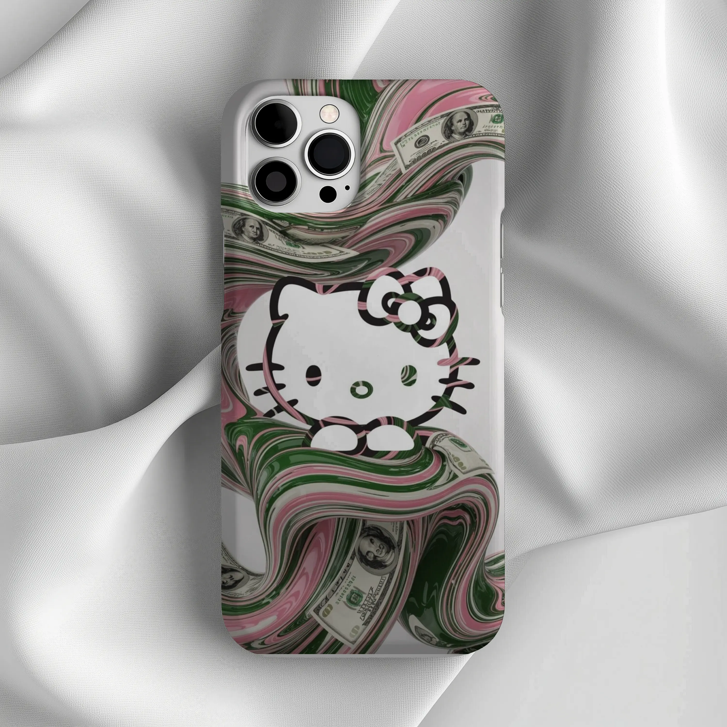 Hello Kitty Money Swirl Tough iPhone16 Case — Cute Pink & Green Protective Cover Printify