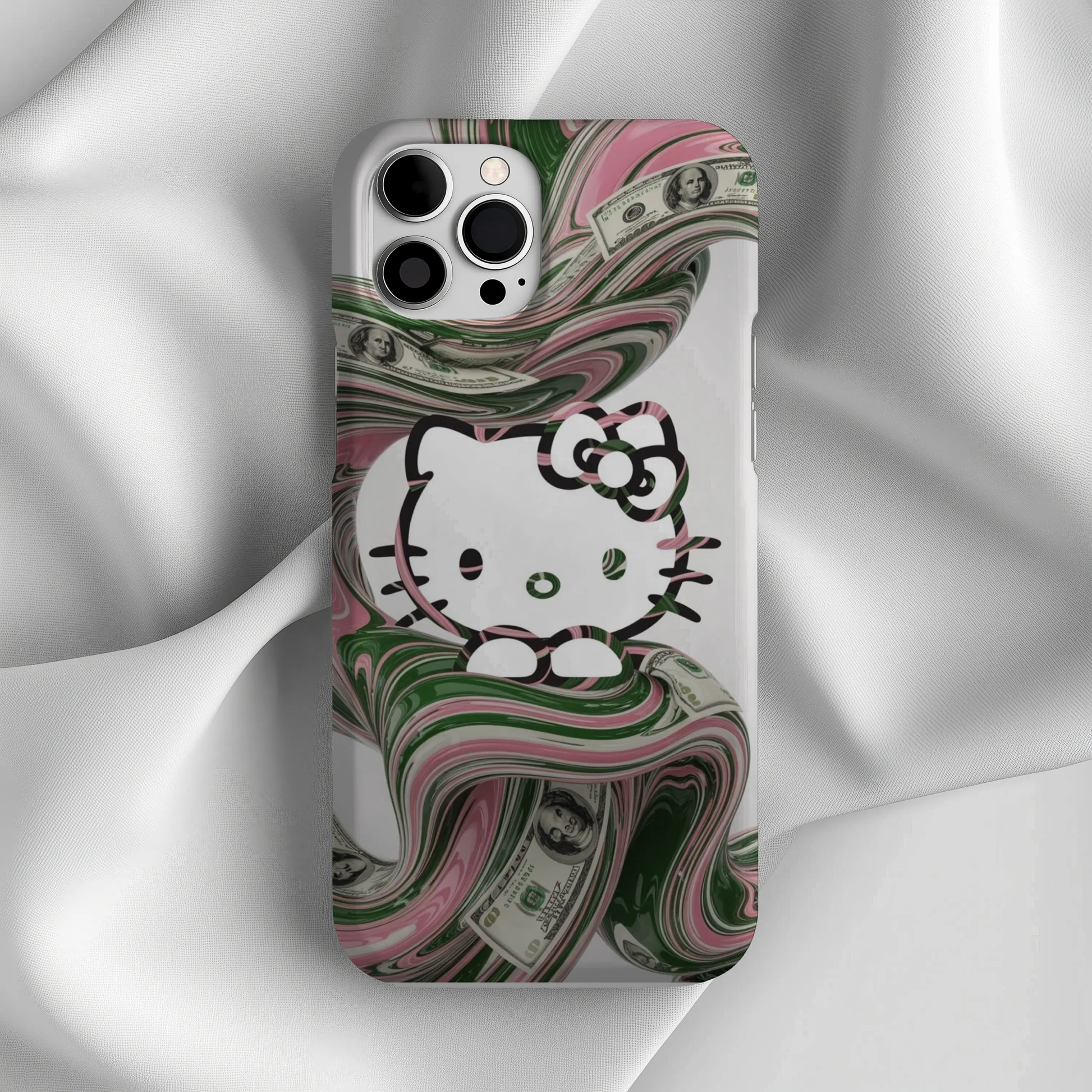 Hello Kitty Money Swirl Tough iPhone16 Case — Cute Pink & Green Protective Cover Printify