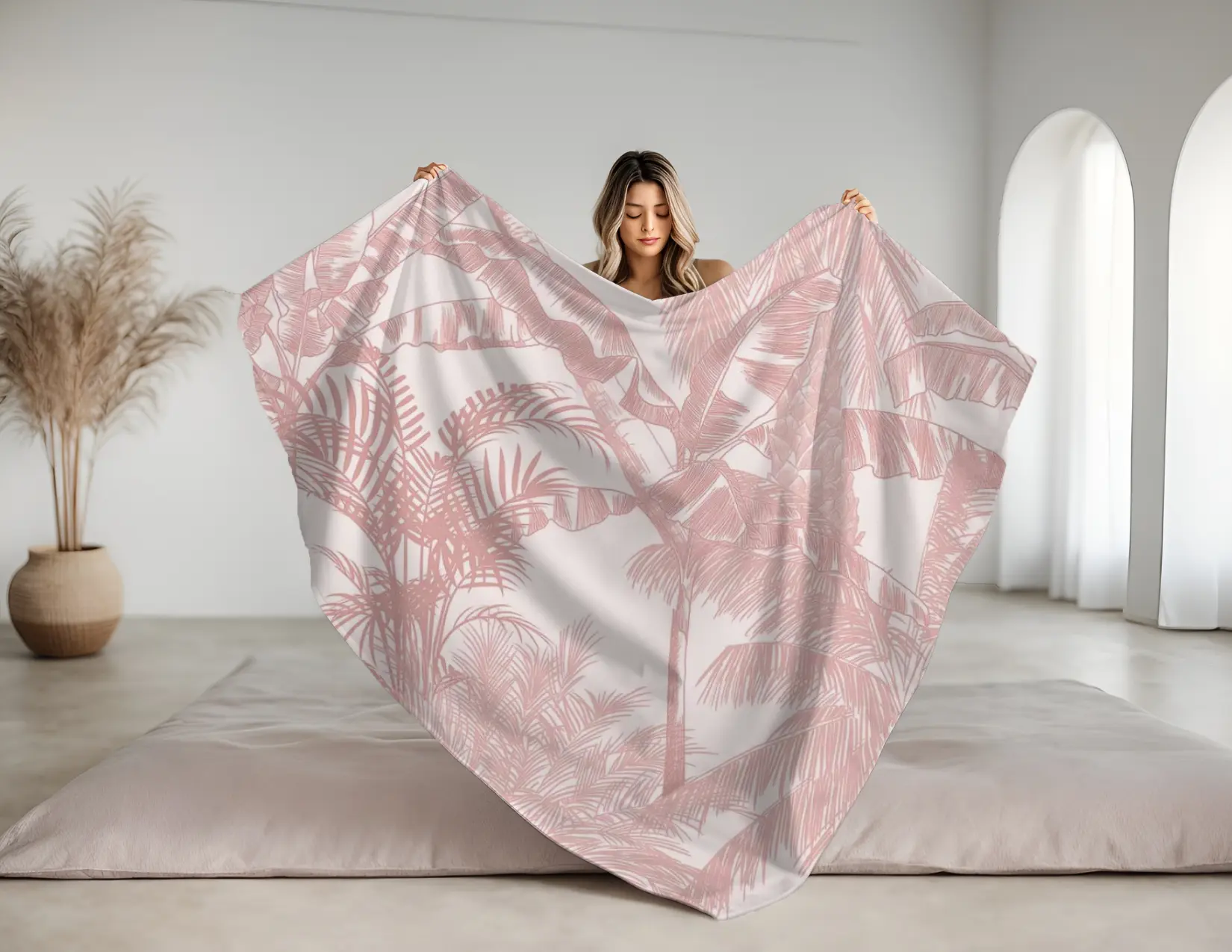 Pink Palm Velveteen Plush Blanket — Tropical Botanical Throw Printify