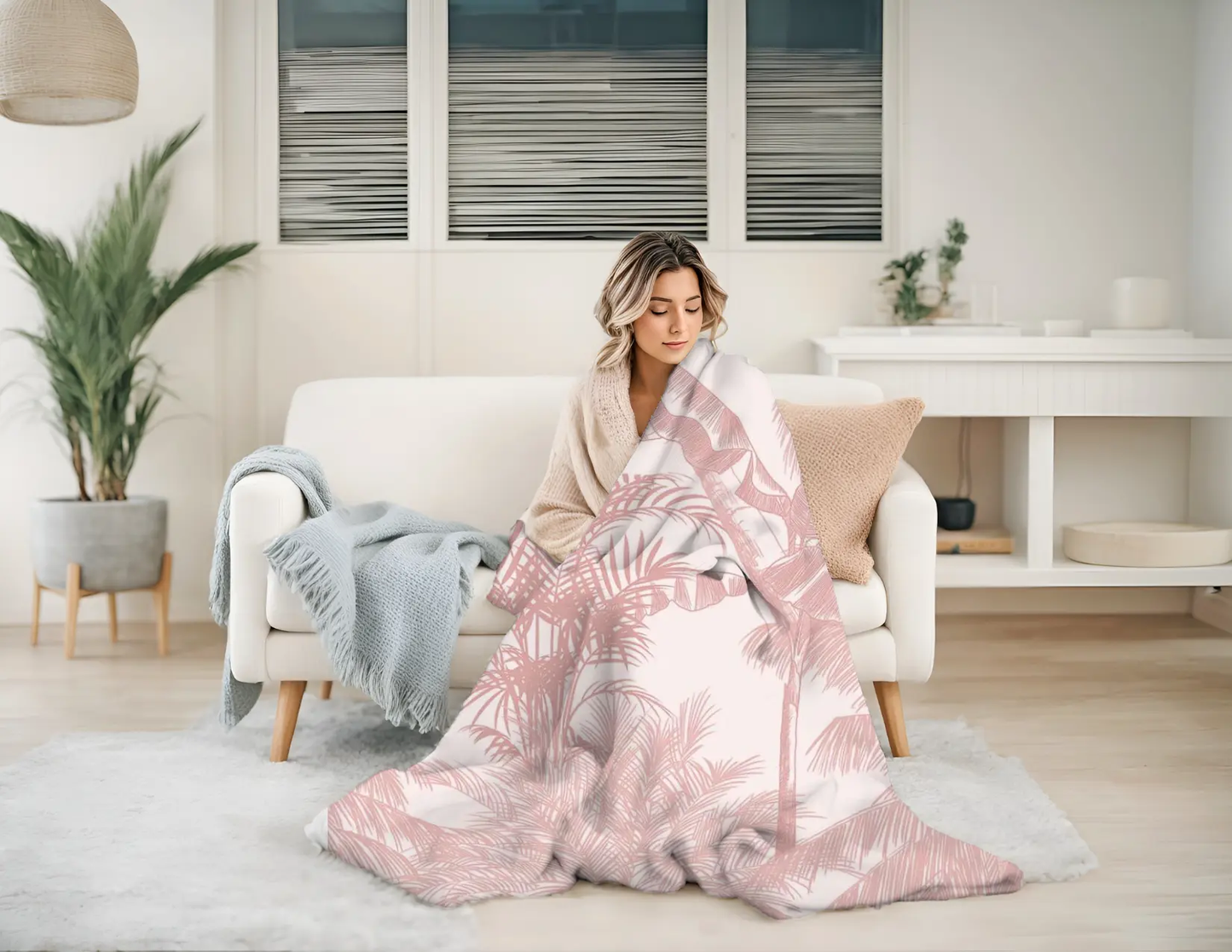 Pink Palm Velveteen Plush Blanket — Tropical Botanical Throw Printify