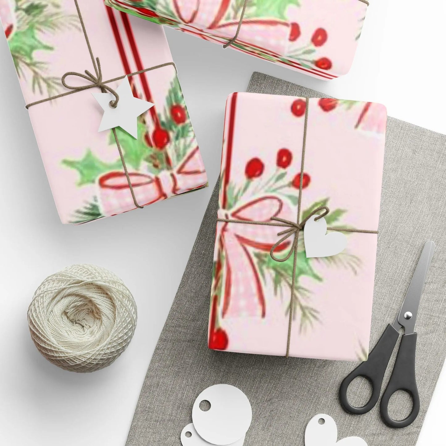 Christmas Bow & Berries Wrapping Paper — Pink Holiday Gift Wrap Printify