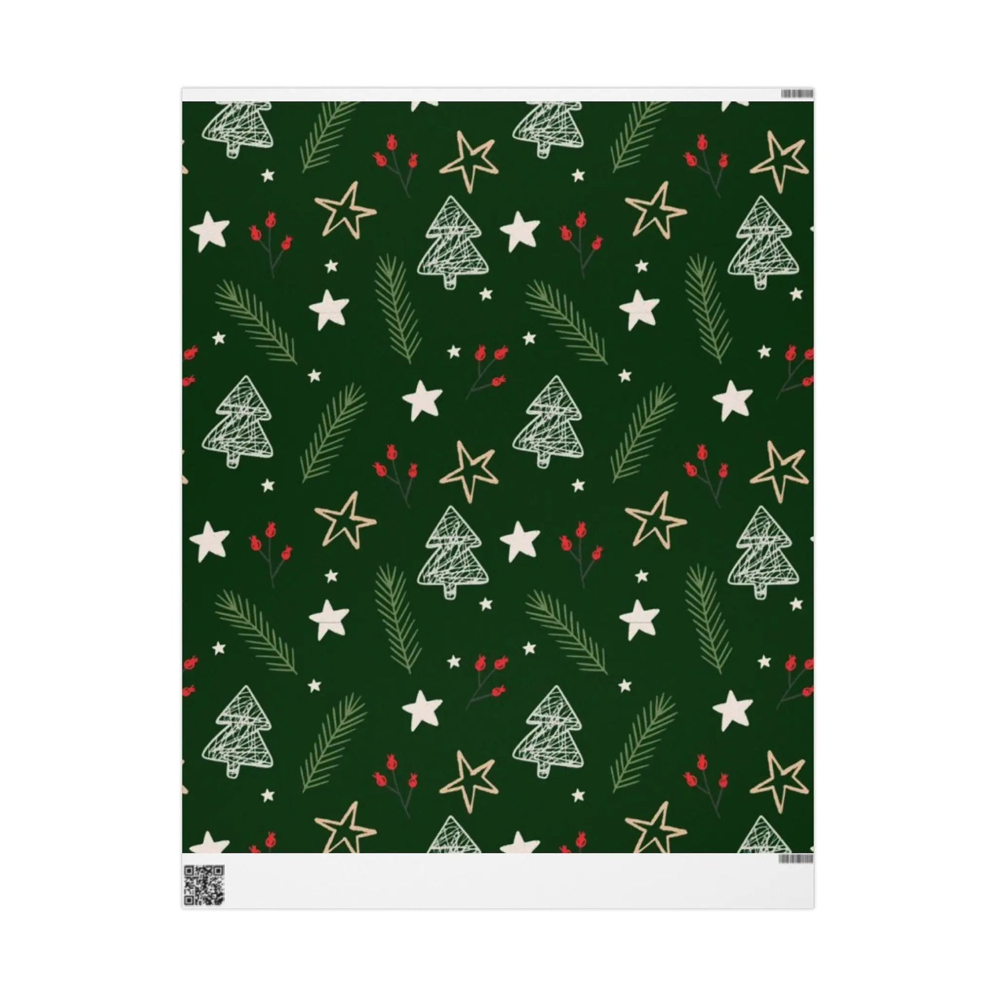 Christmas Tree Pattern Wrapping Paper — Green Holiday Gift Wrap with Stars & Pine Sprigs Printify