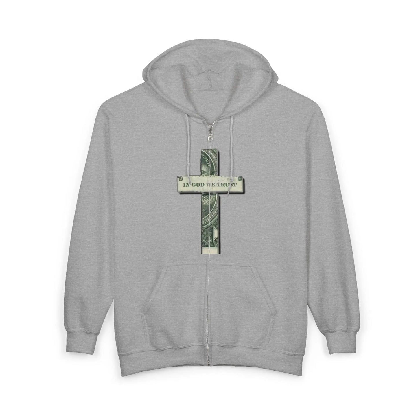 Money Cross Zip Hoodie — 'In God We Trust' Graphic Christian Faith Sweatshirt Printify