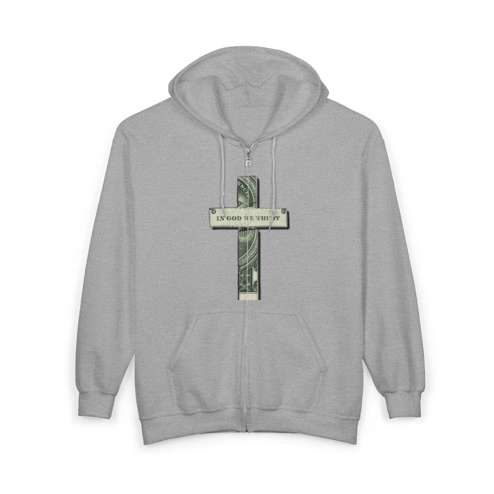 Money Cross Zip Hoodie — 'In God We Trust' Graphic Christian Faith Sweatshirt Printify