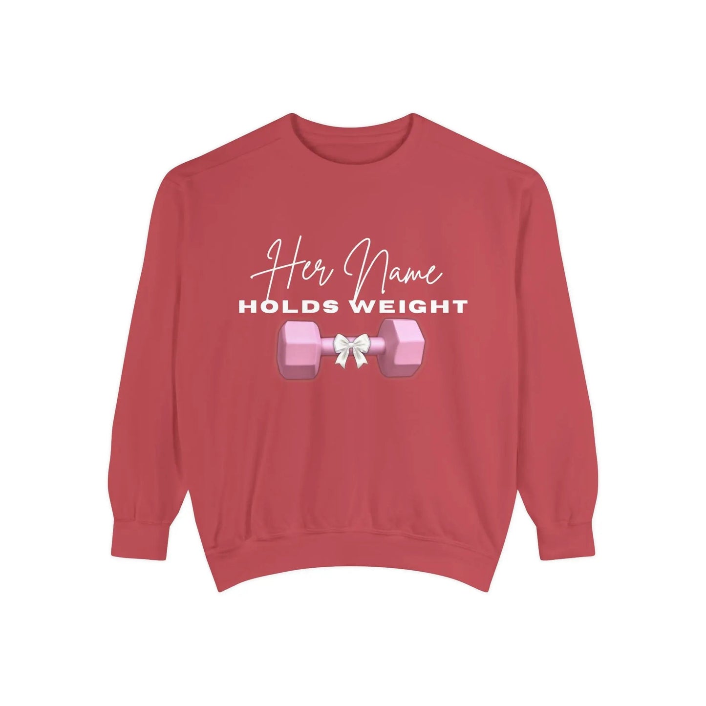 "Her Name Holds Weight" Pink Dumbbell Fitness Crewneck Sweatshirt Printify