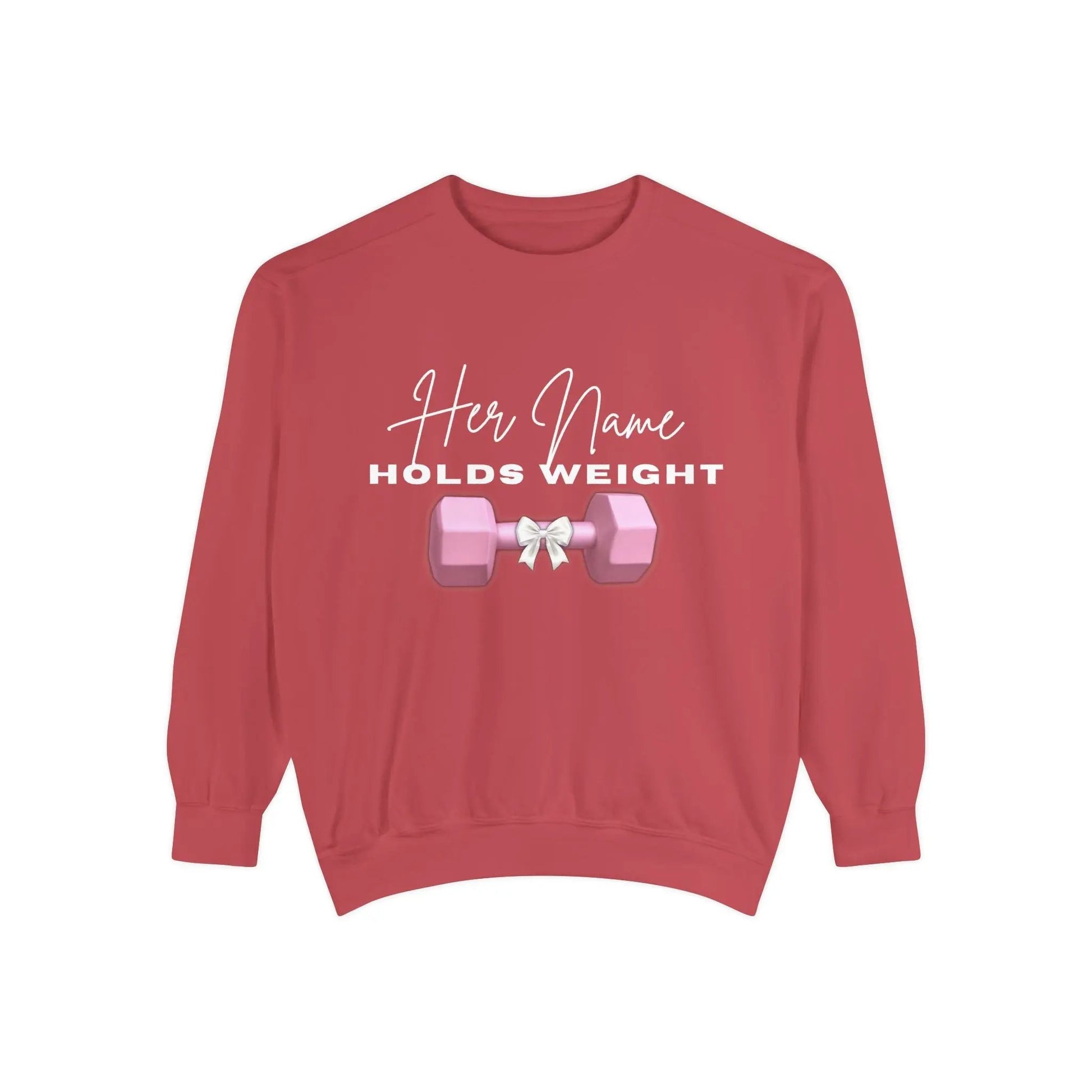 "Her Name Holds Weight" Pink Dumbbell Fitness Crewneck Sweatshirt Printify