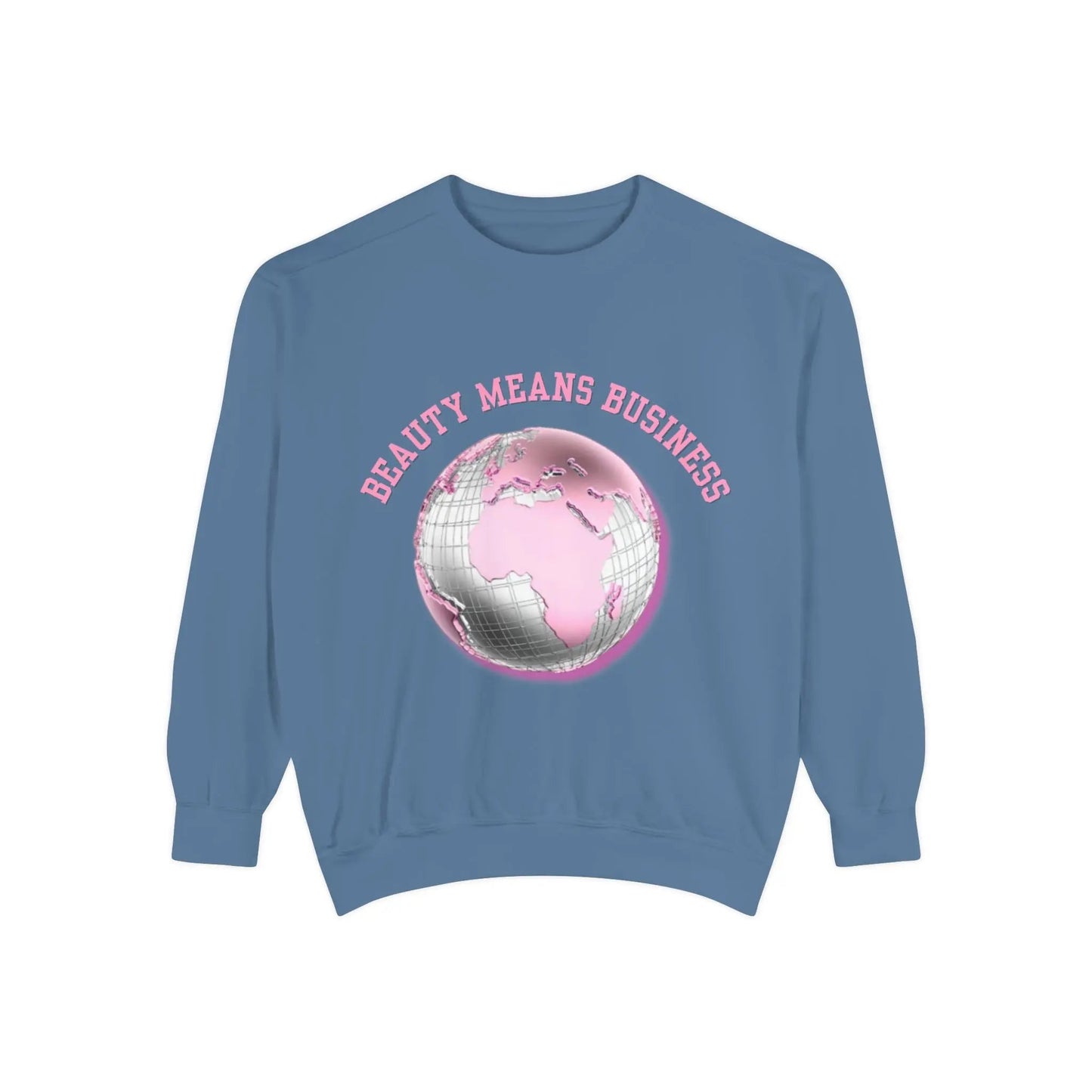 Beauty Means Business Sweatshirt — Pink Globe Graphic Crewneck Printify