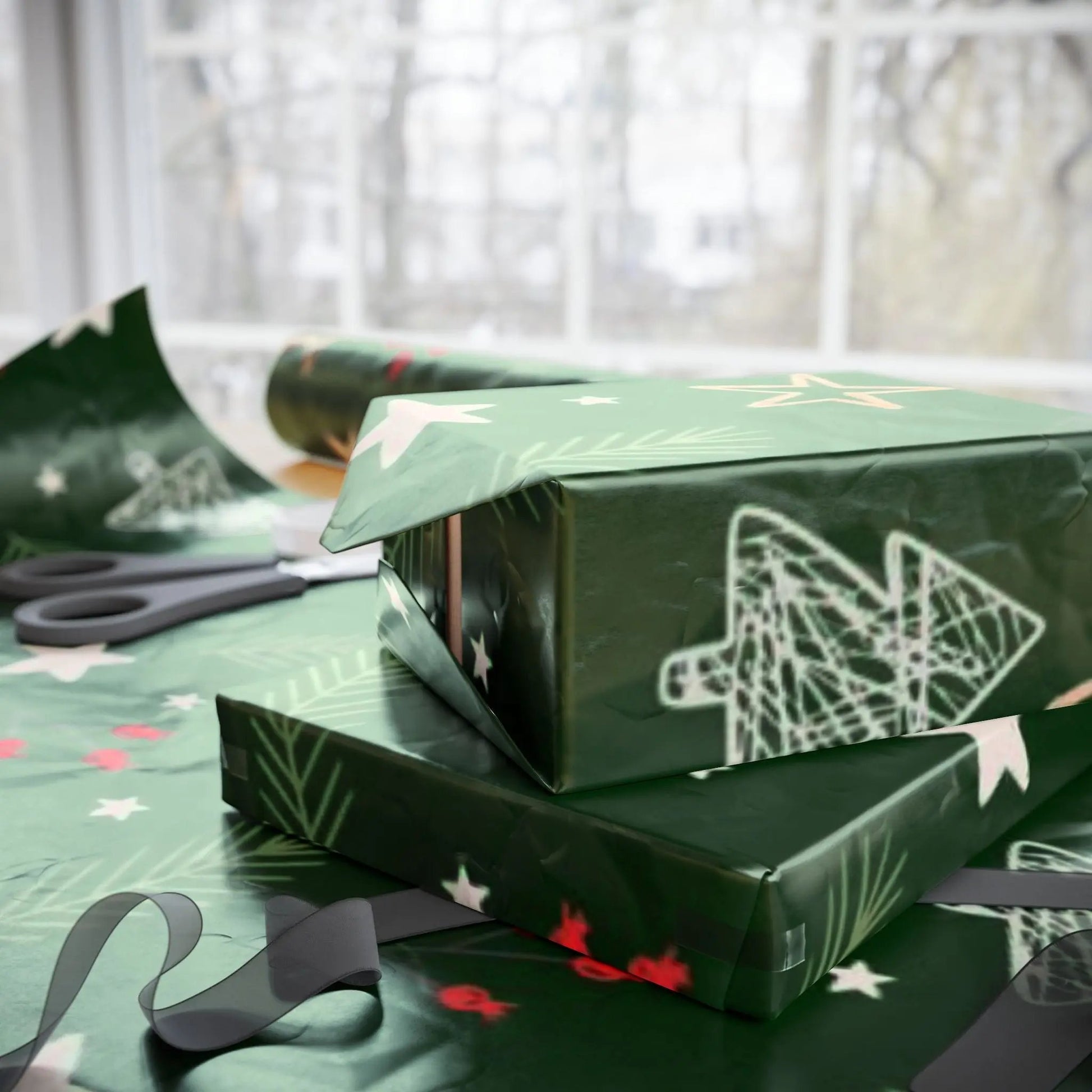 Christmas Tree Pattern Wrapping Paper — Green Holiday Gift Wrap with Stars & Pine Sprigs Printify
