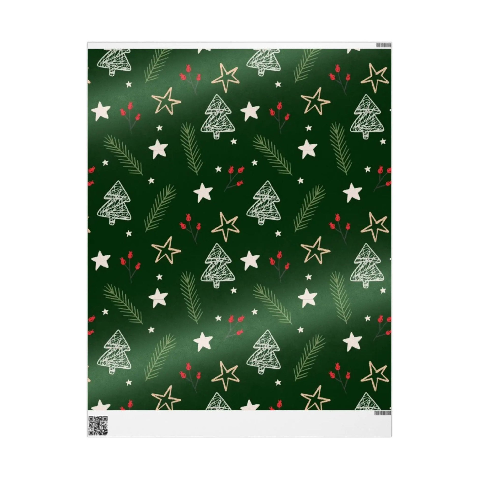 Christmas Tree Pattern Wrapping Paper — Green Holiday Gift Wrap with Stars & Pine Sprigs Printify