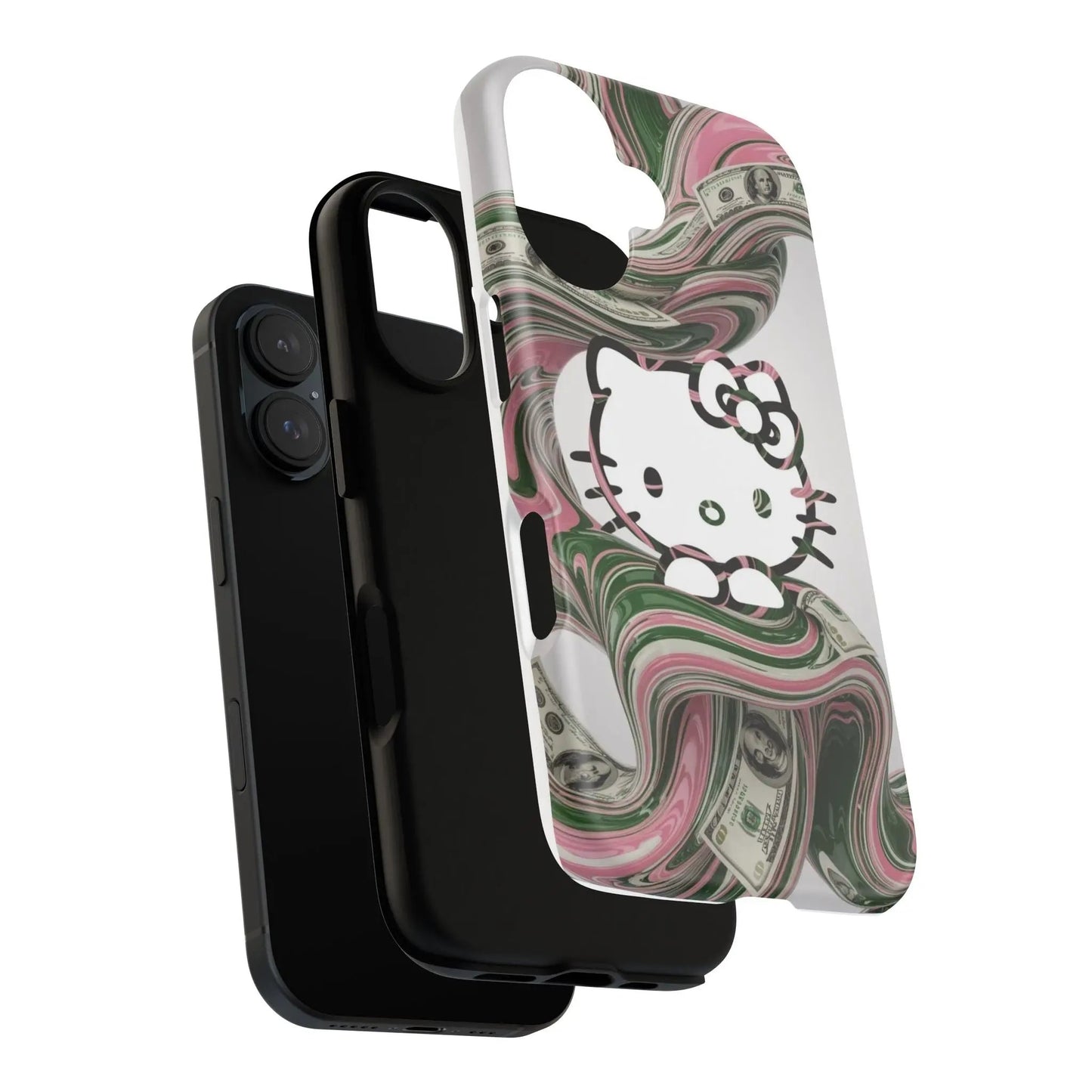 Hello Kitty Money Swirl Tough iPhone16 Case — Cute Pink & Green Protective Cover Printify