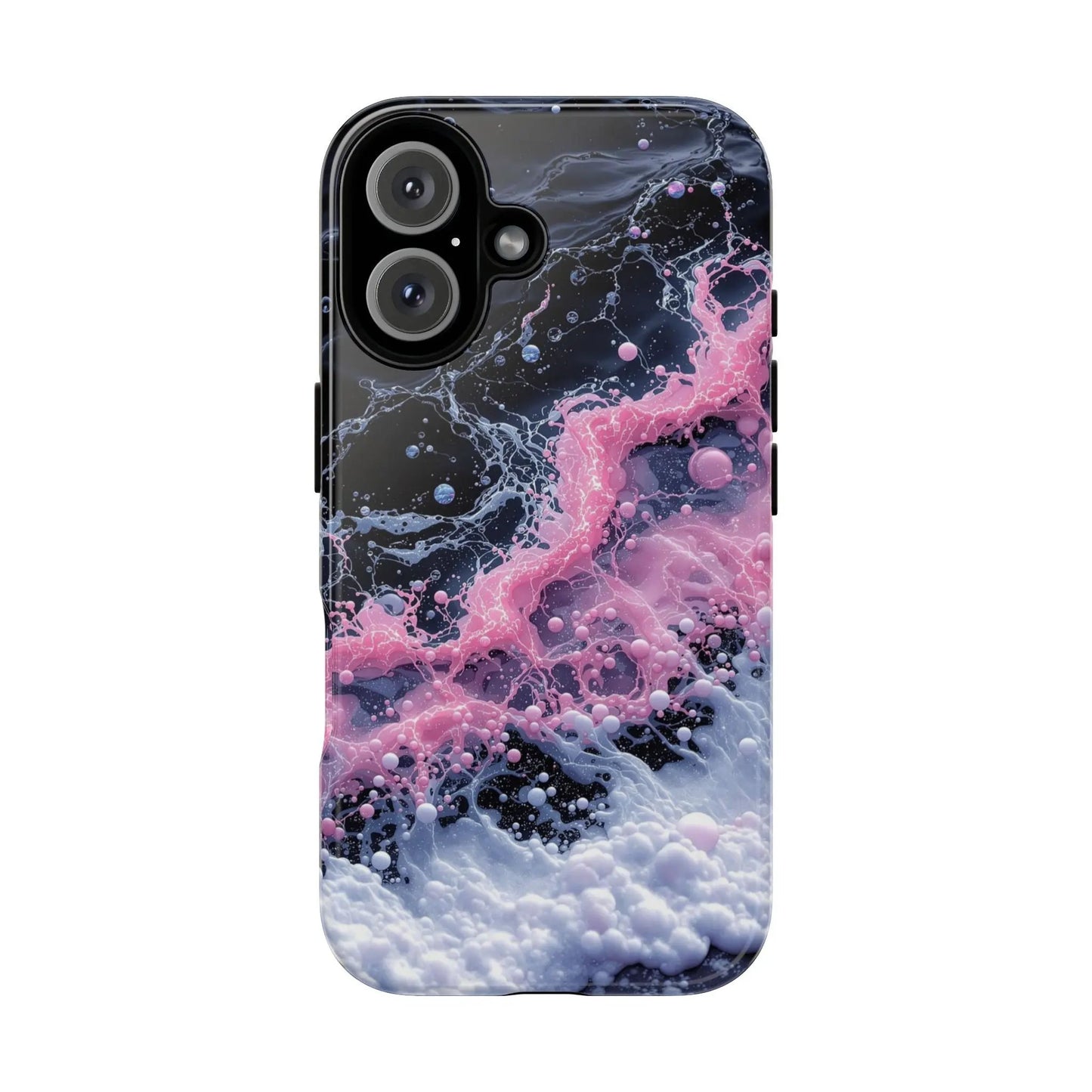 IPhone16 Case — Pink & Black Marble Splash Protective Tough Case Printify