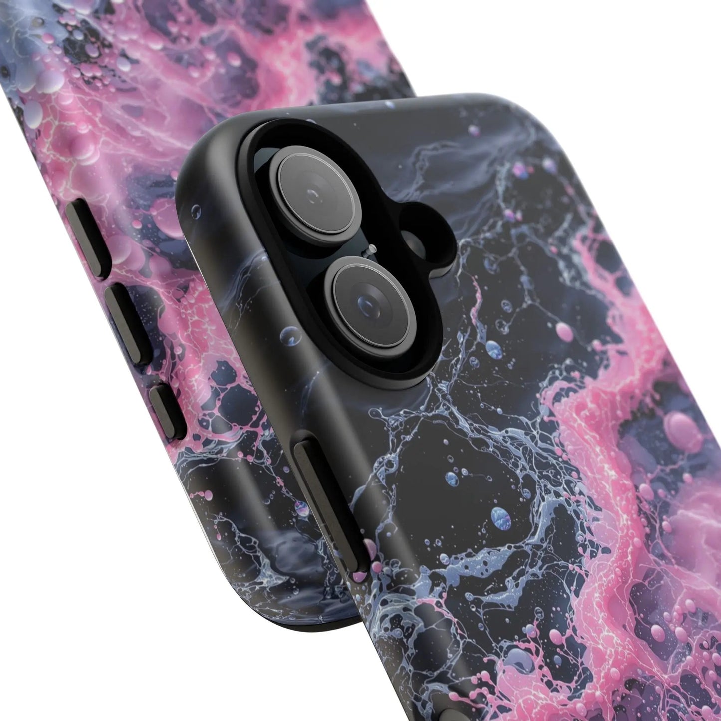 IPhone16 Case — Pink & Black Marble Splash Protective Tough Case Printify