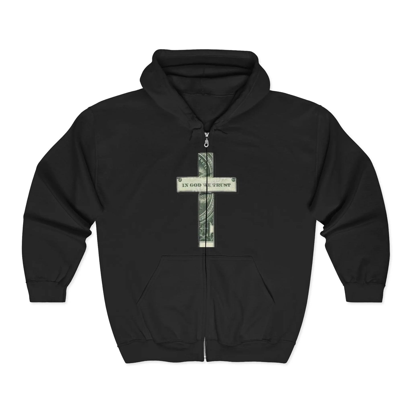 Money Cross Zip Hoodie — 'In God We Trust' Graphic Christian Faith Sweatshirt Printify