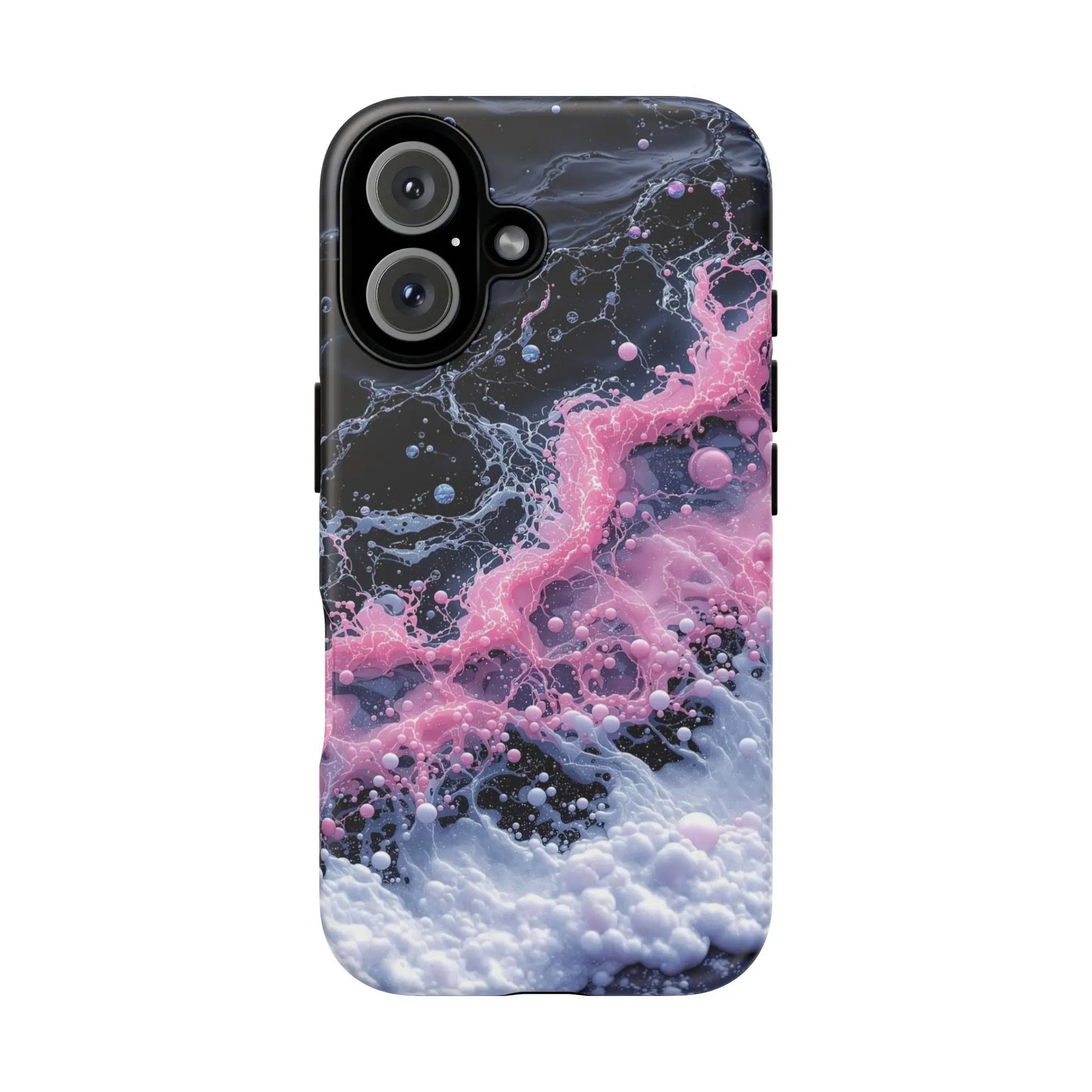 IPhone16 Case — Pink & Black Marble Splash Protective Tough Case Printify