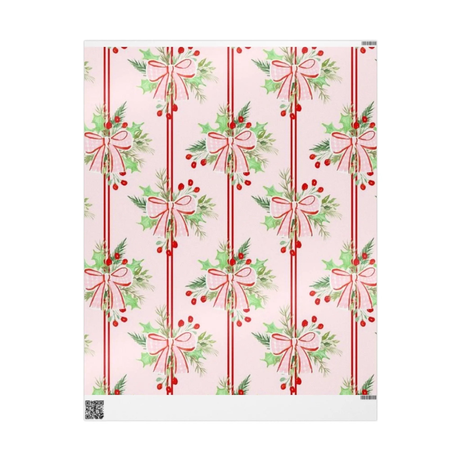Christmas Bow & Berries Wrapping Paper — Pink Holiday Gift Wrap Printify