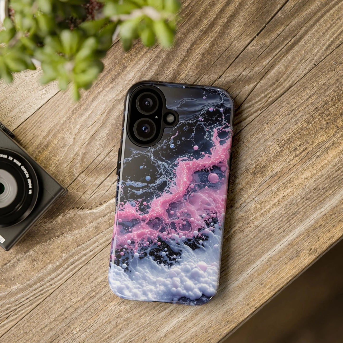 IPhone16 Case — Pink & Black Marble Splash Protective Tough Case Printify