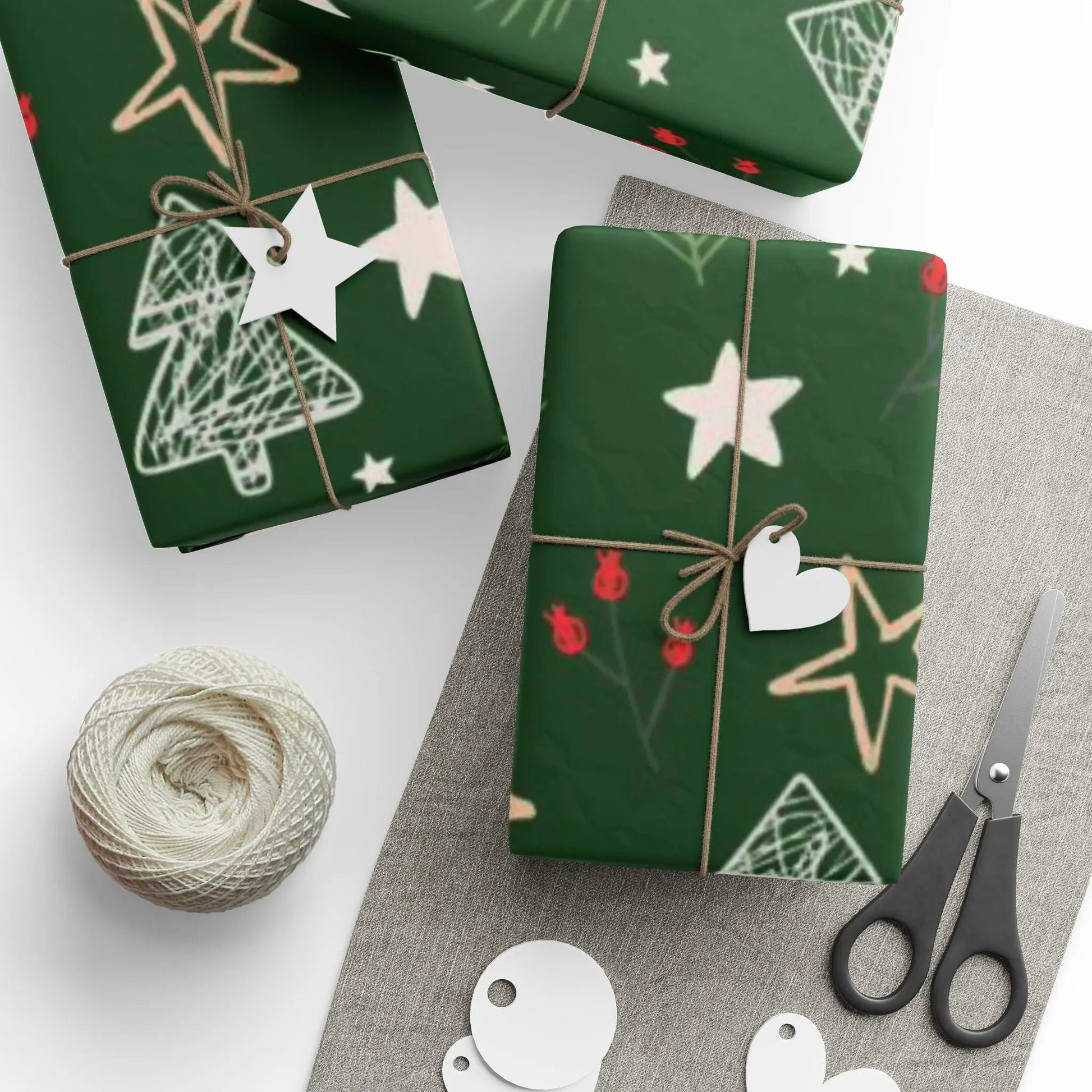 Christmas Tree Pattern Wrapping Paper — Green Holiday Gift Wrap with Stars & Pine Sprigs Printify