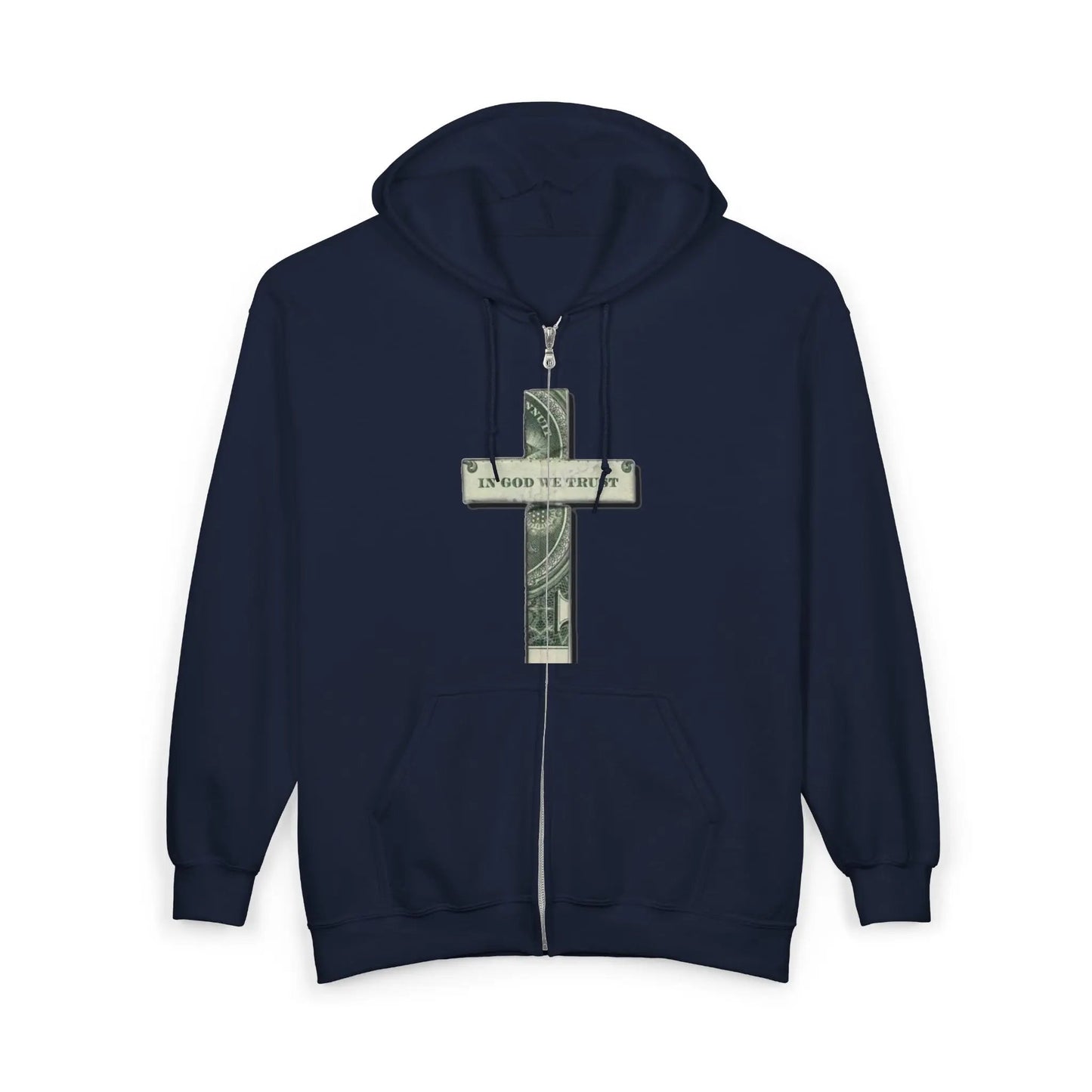 Money Cross Zip Hoodie — 'In God We Trust' Graphic Christian Faith Sweatshirt Printify