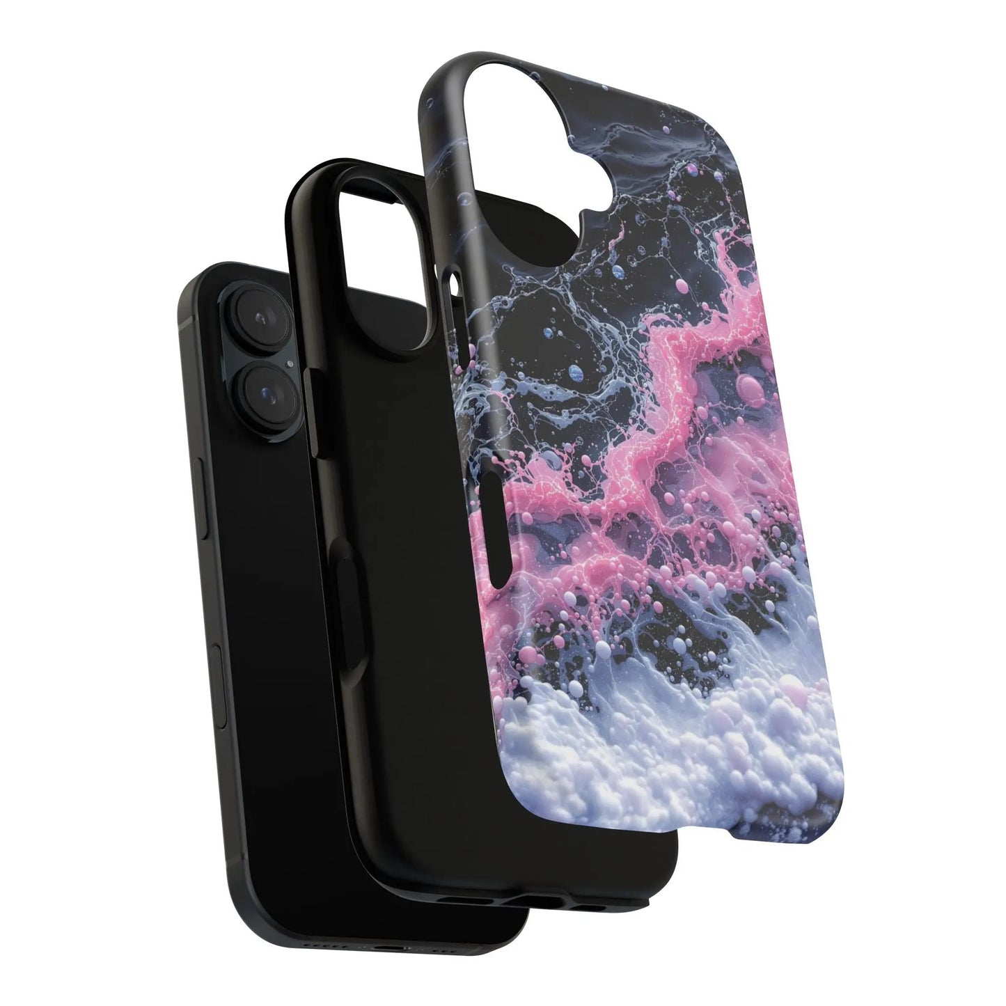 IPhone16 Case — Pink & Black Marble Splash Protective Tough Case Printify