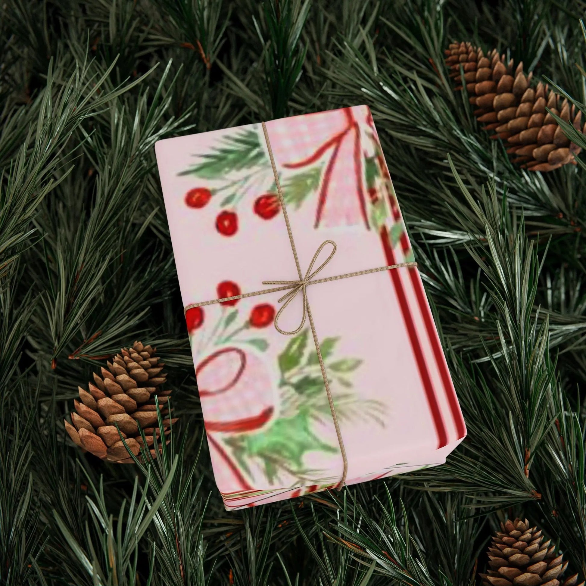 Christmas Bow & Berries Wrapping Paper — Pink Holiday Gift Wrap Printify