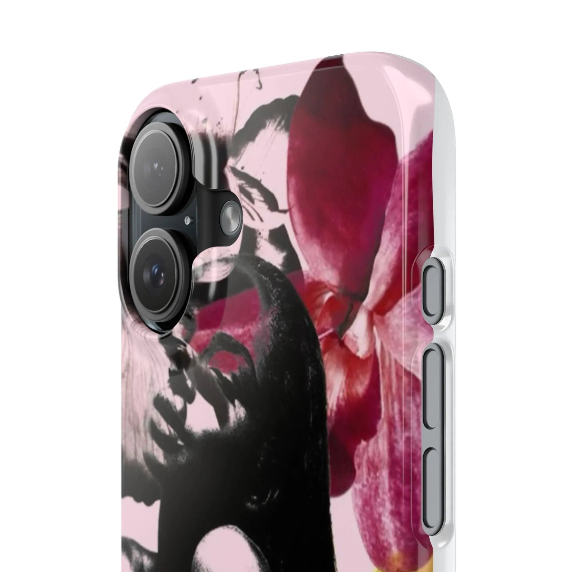 Floral Noir Slim iPhone16 Case — Artistic Woman Portrait with Pink & Yellow Orchids Printify