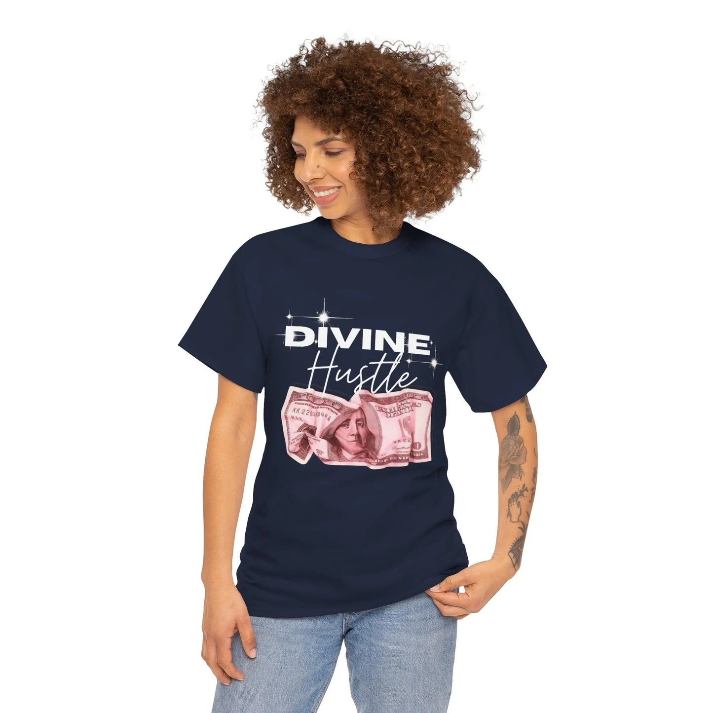 "Divine Hustle" T-Shirt — Graphic Money & Script Logo Tee Printify