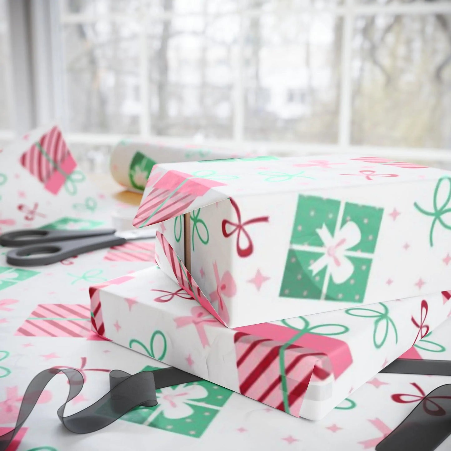 Holiday Gift Wrap Paper — Pink & Green Present Pattern (Christmas Wrapping Paper) Printify
