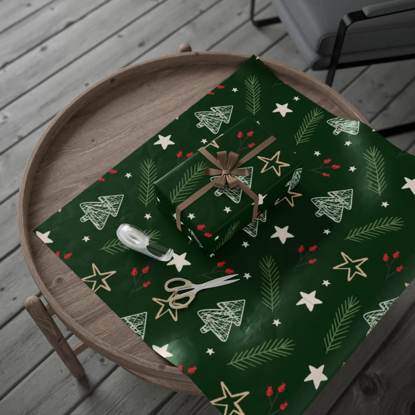Christmas Tree Pattern Wrapping Paper — Green Holiday Gift Wrap with Stars & Pine Sprigs Printify