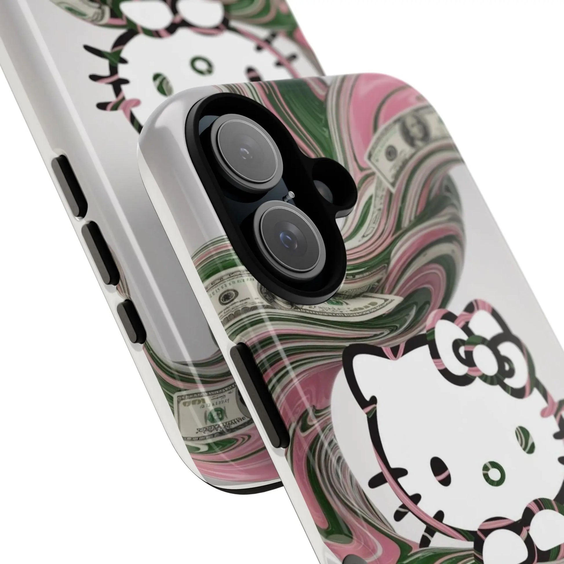Hello Kitty Money Swirl Tough iPhone16 Case — Cute Pink & Green Protective Cover Printify