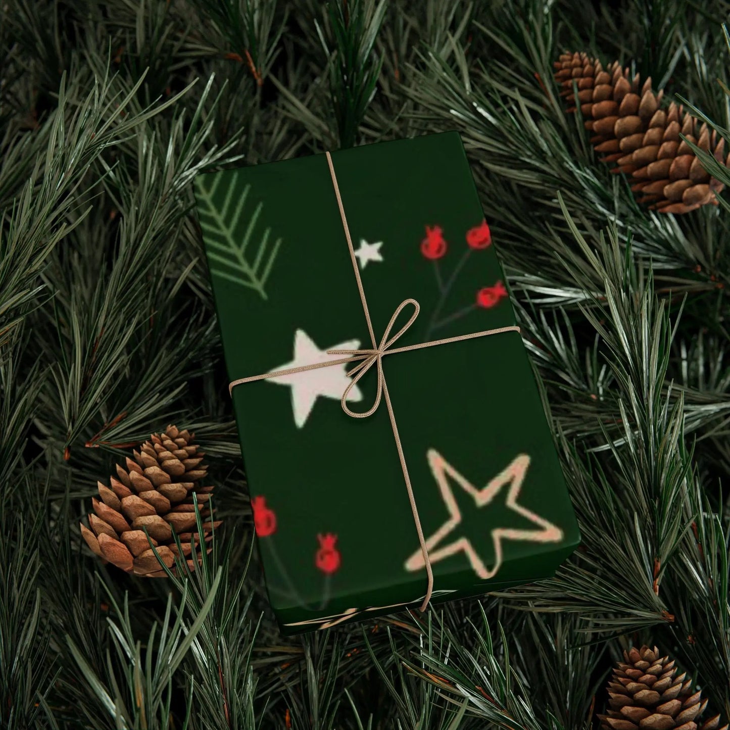 Christmas Tree Pattern Wrapping Paper — Green Holiday Gift Wrap with Stars & Pine Sprigs Printify