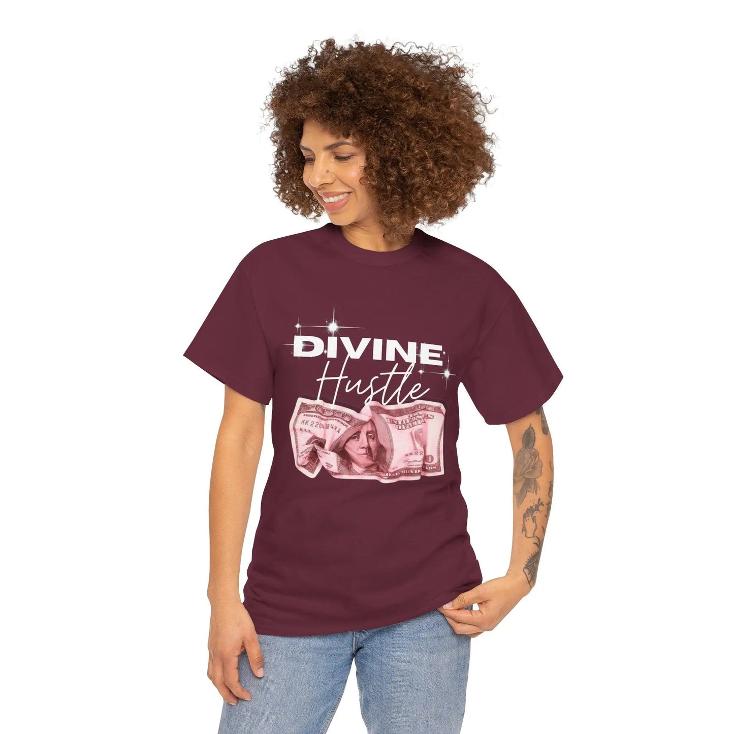 "Divine Hustle" T-Shirt — Graphic Money & Script Logo Tee Printify