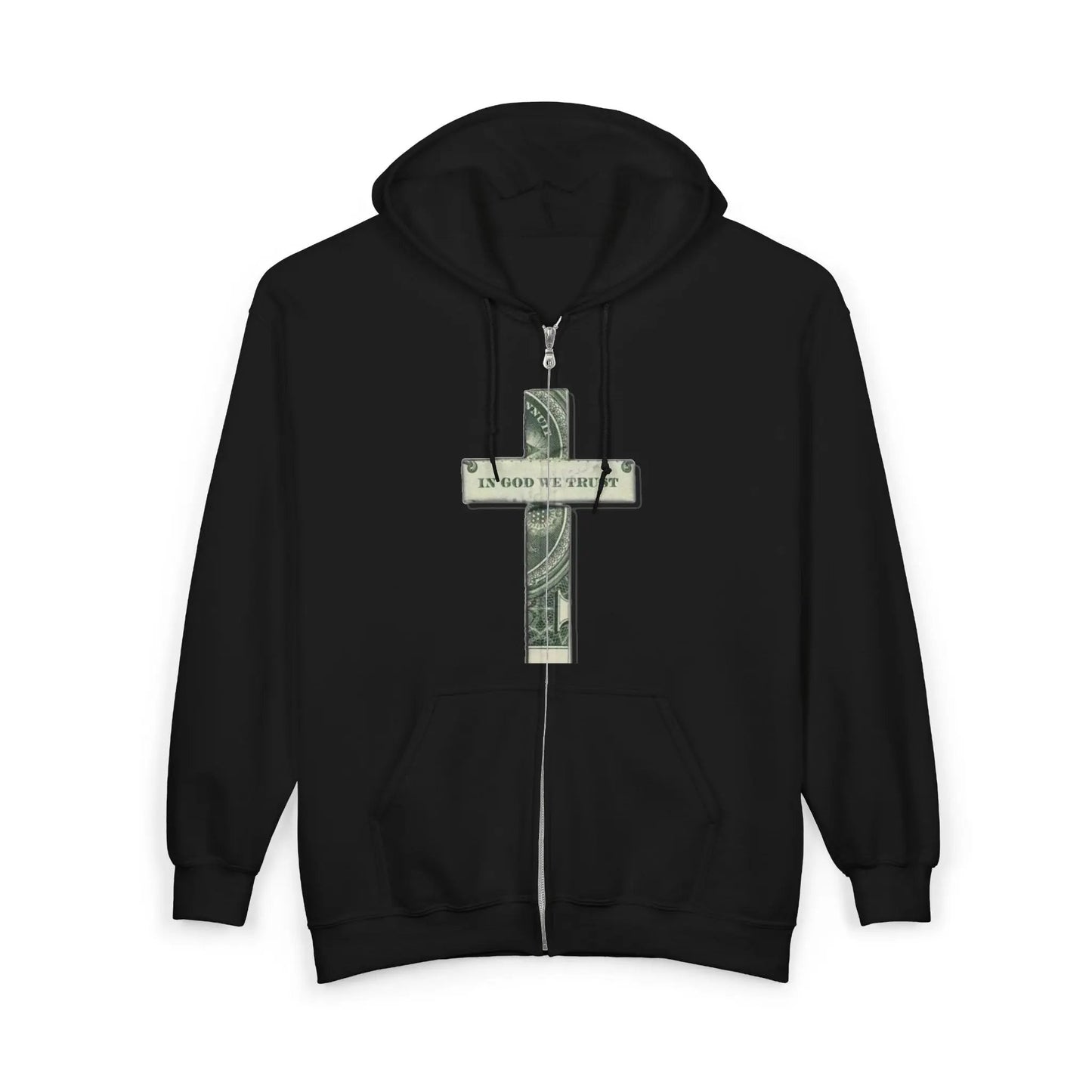 Money Cross Zip Hoodie — 'In God We Trust' Graphic Christian Faith Sweatshirt Printify