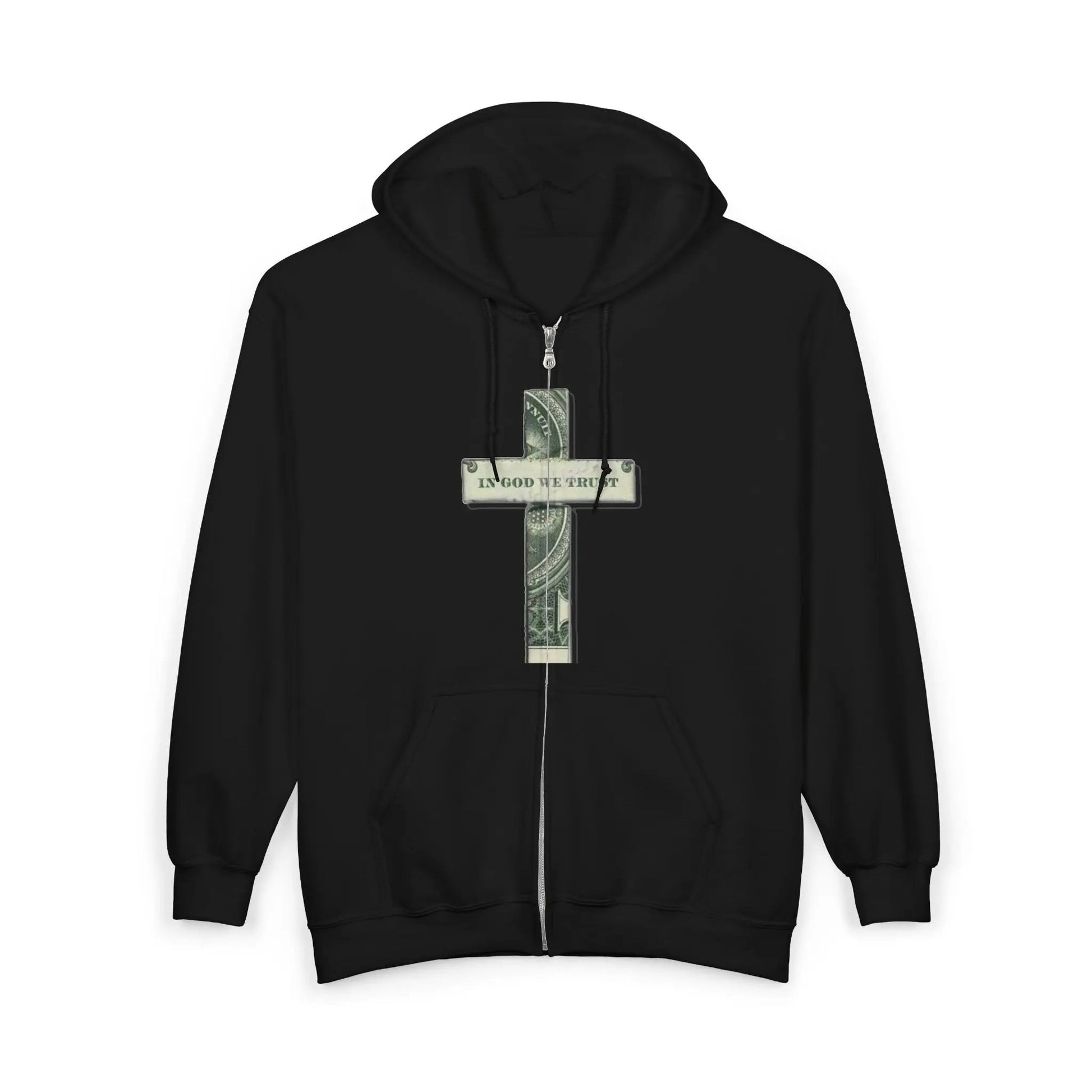Money Cross Zip Hoodie — 'In God We Trust' Graphic Christian Faith Sweatshirt Printify