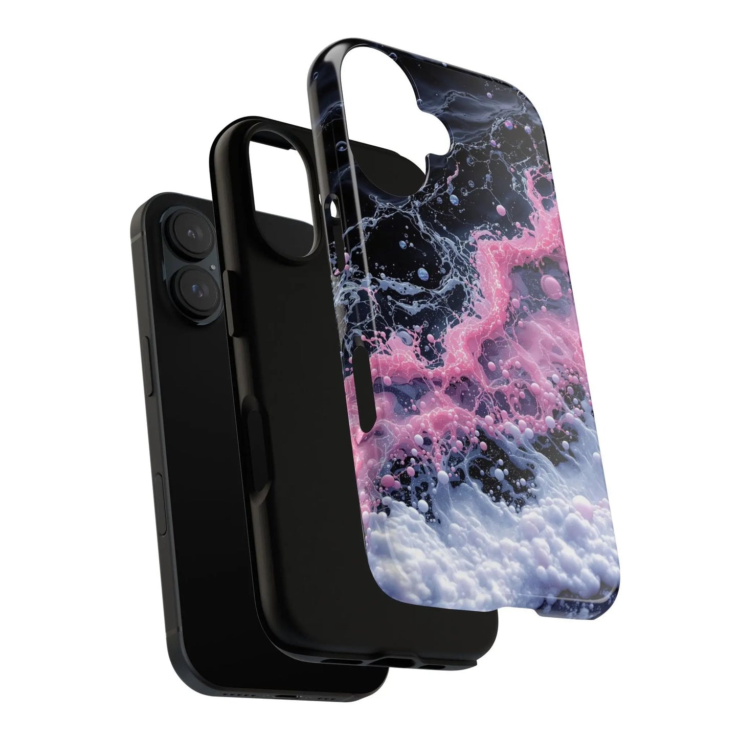 IPhone16 Case — Pink & Black Marble Splash Protective Tough Case Printify