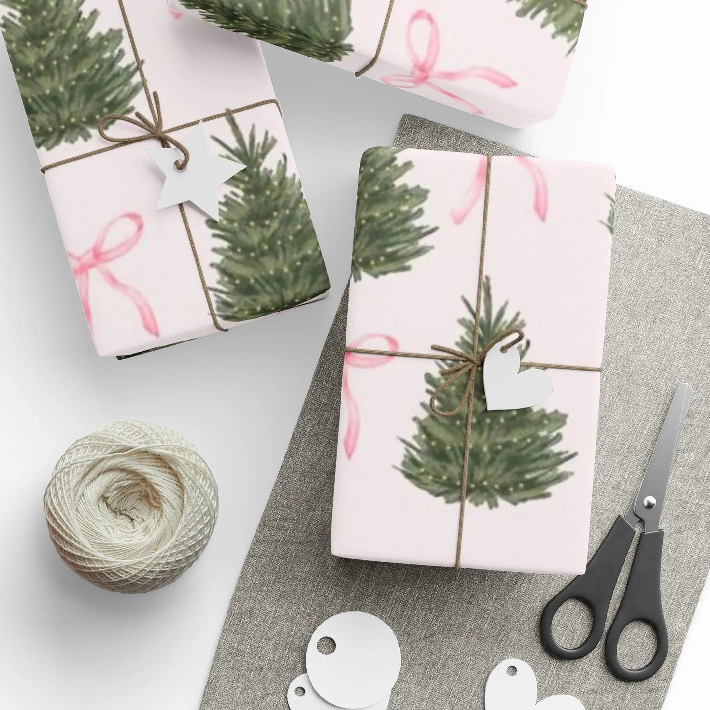 Christmas Wrapping Paper Roll — Pink Bows, Mini Trees & Star Cookies Holiday Gift Wrap Printify