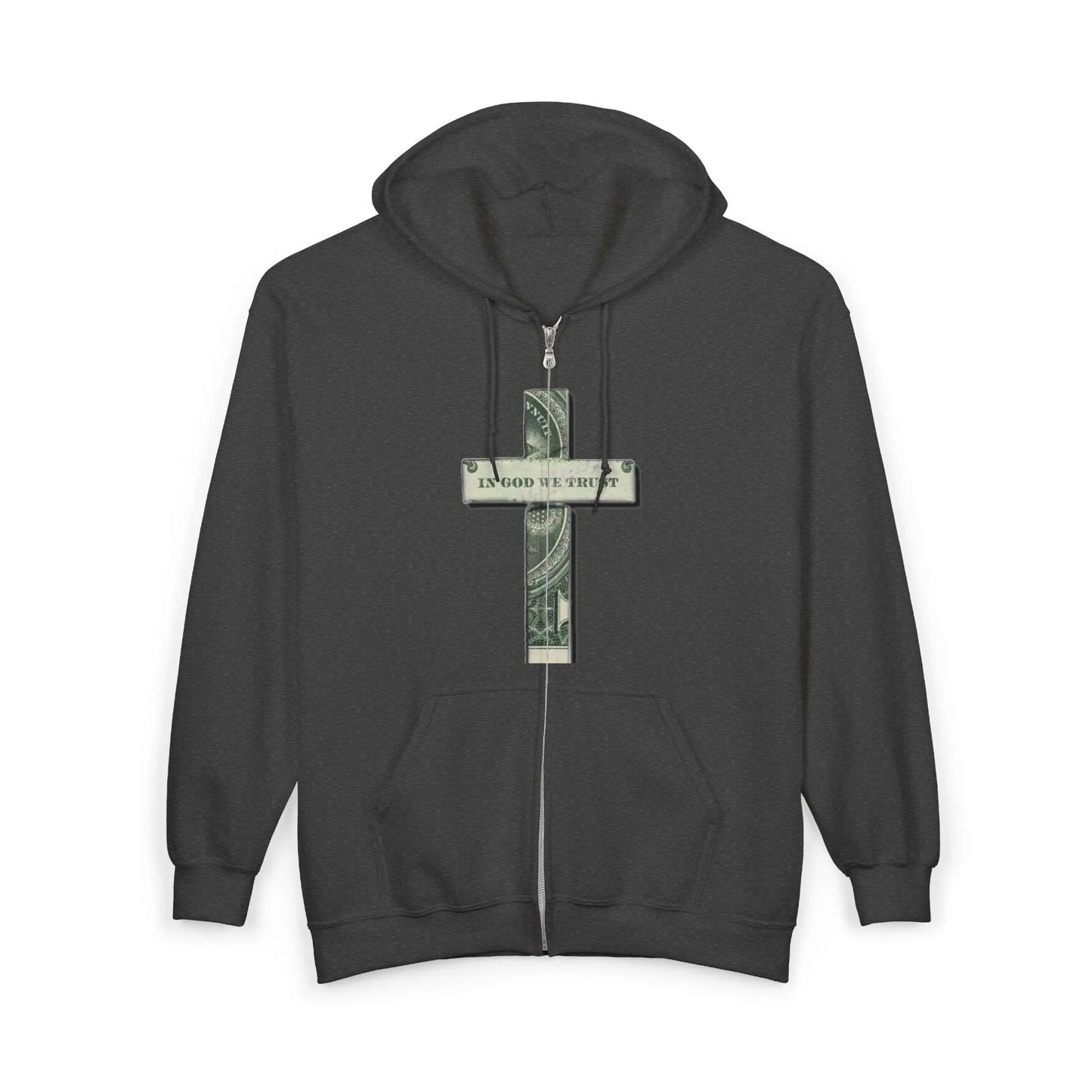 Money Cross Zip Hoodie — 'In God We Trust' Graphic Christian Faith Sweatshirt Printify