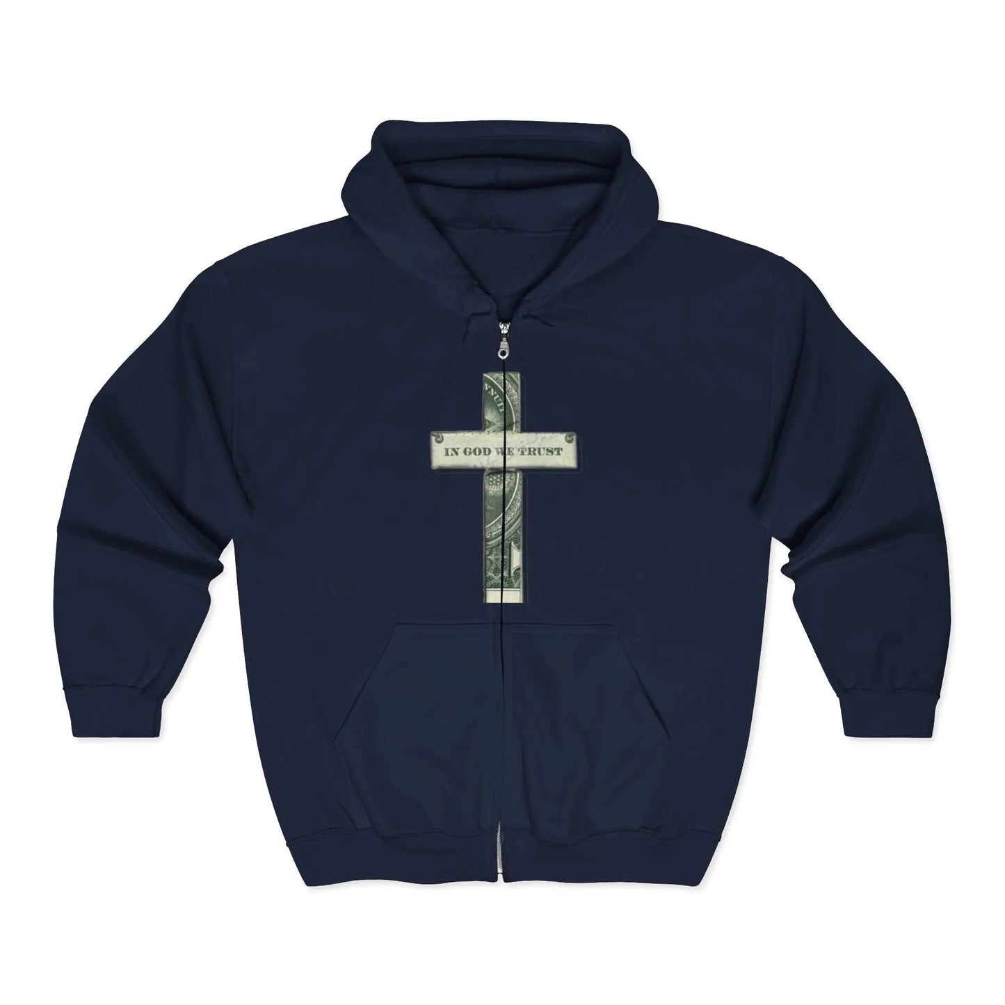 Money Cross Zip Hoodie — 'In God We Trust' Graphic Christian Faith Sweatshirt Printify