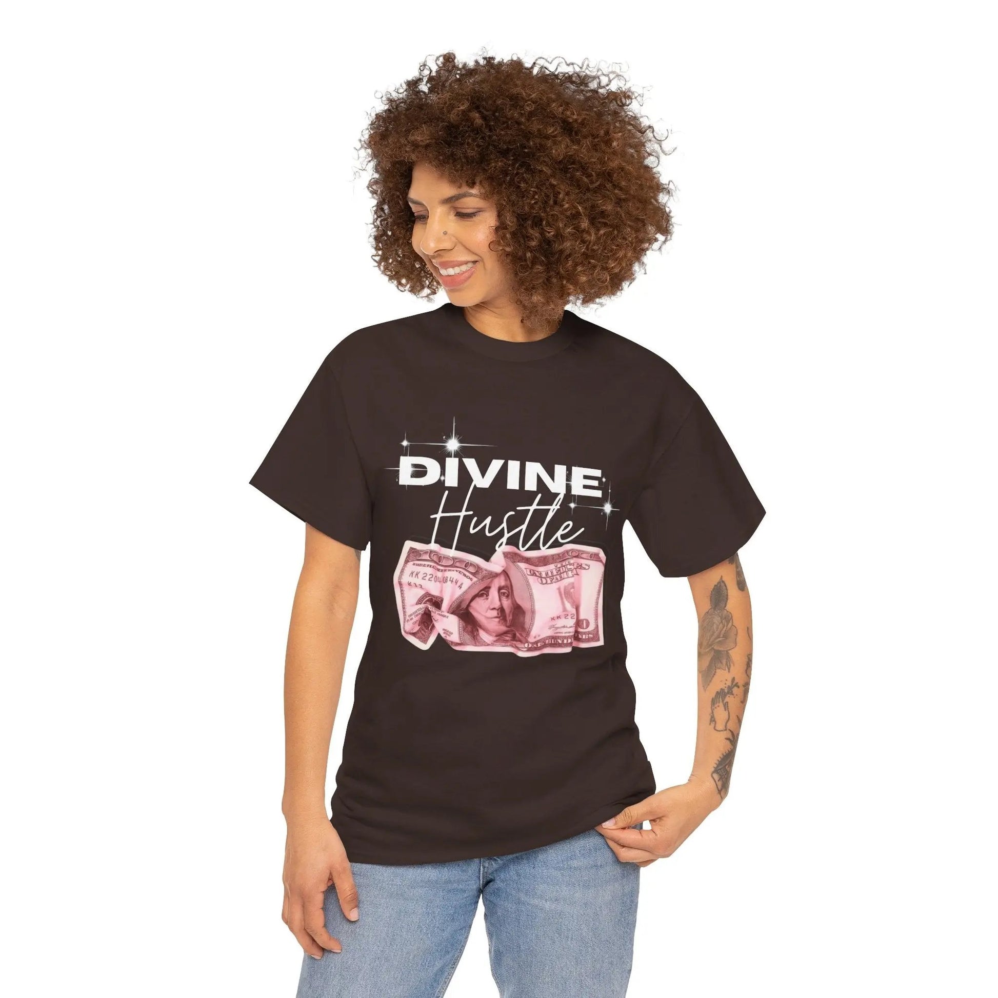 "Divine Hustle" T-Shirt — Graphic Money & Script Logo Tee Printify