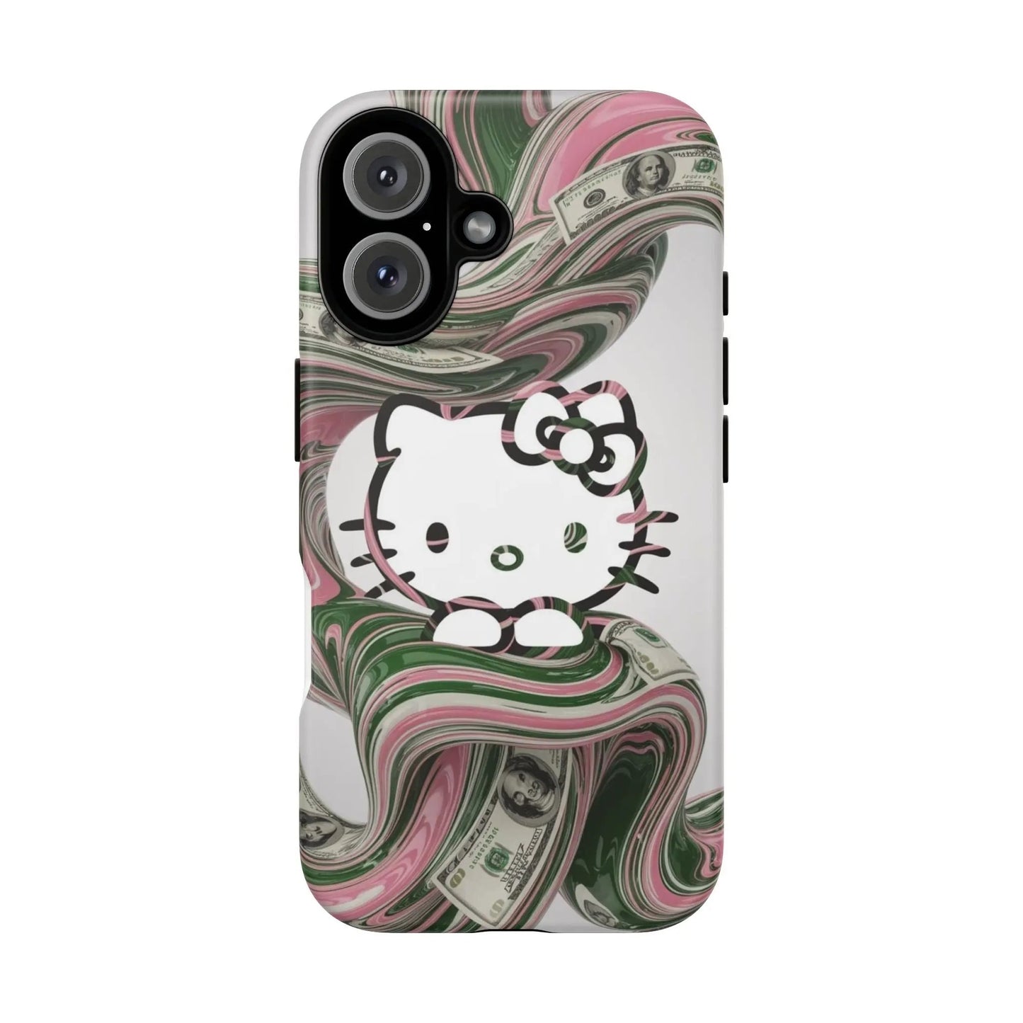 Hello Kitty Money Swirl Tough iPhone16 Case — Cute Pink & Green Protective Cover Printify