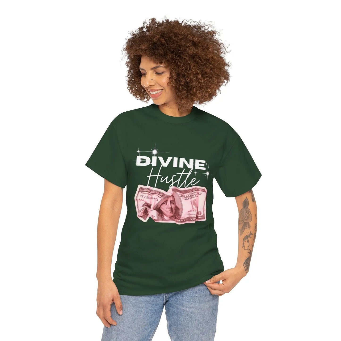 "Divine Hustle" T-Shirt — Graphic Money & Script Logo Tee Printify