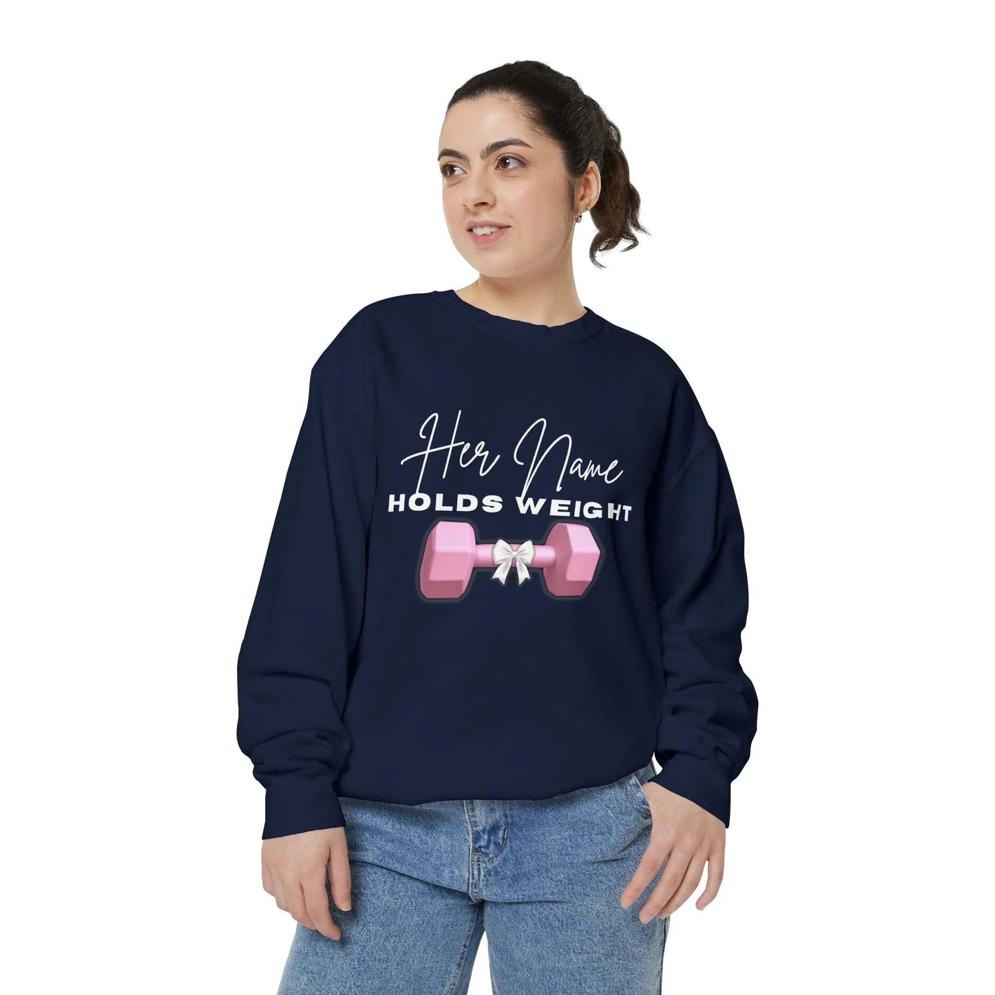 "Her Name Holds Weight" Pink Dumbbell Fitness Crewneck Sweatshirt Printify