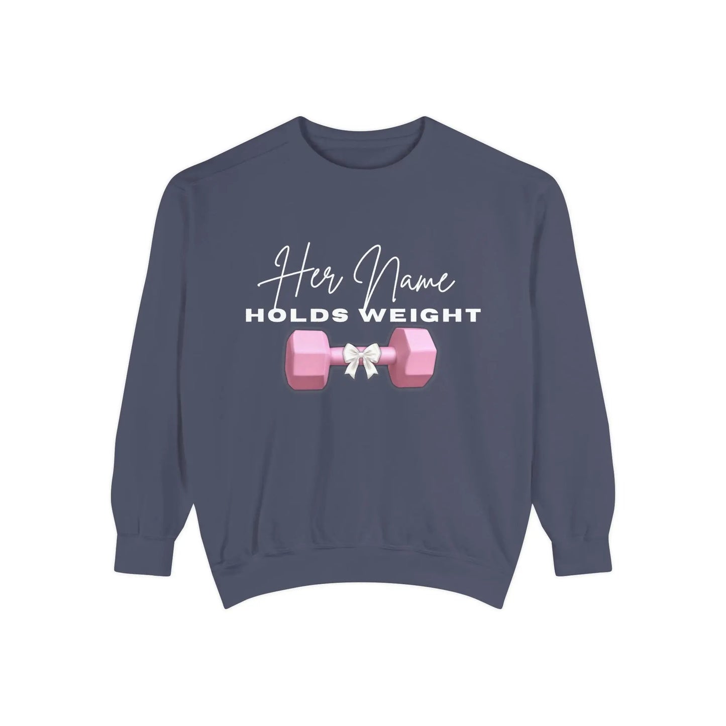 "Her Name Holds Weight" Pink Dumbbell Fitness Crewneck Sweatshirt Printify